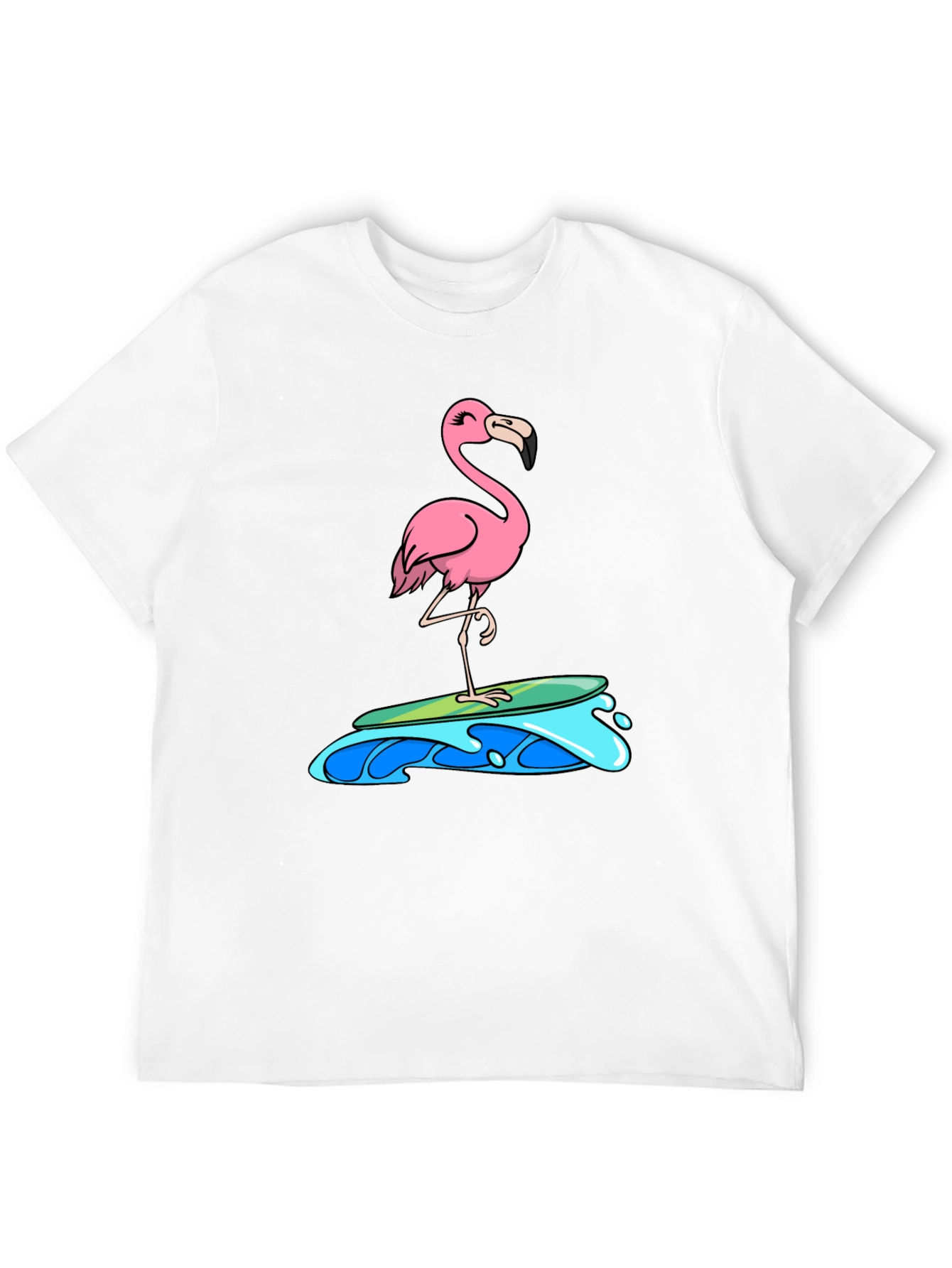 Surfing Flamingo Graphic Tee - Black Cotton T-Shirt