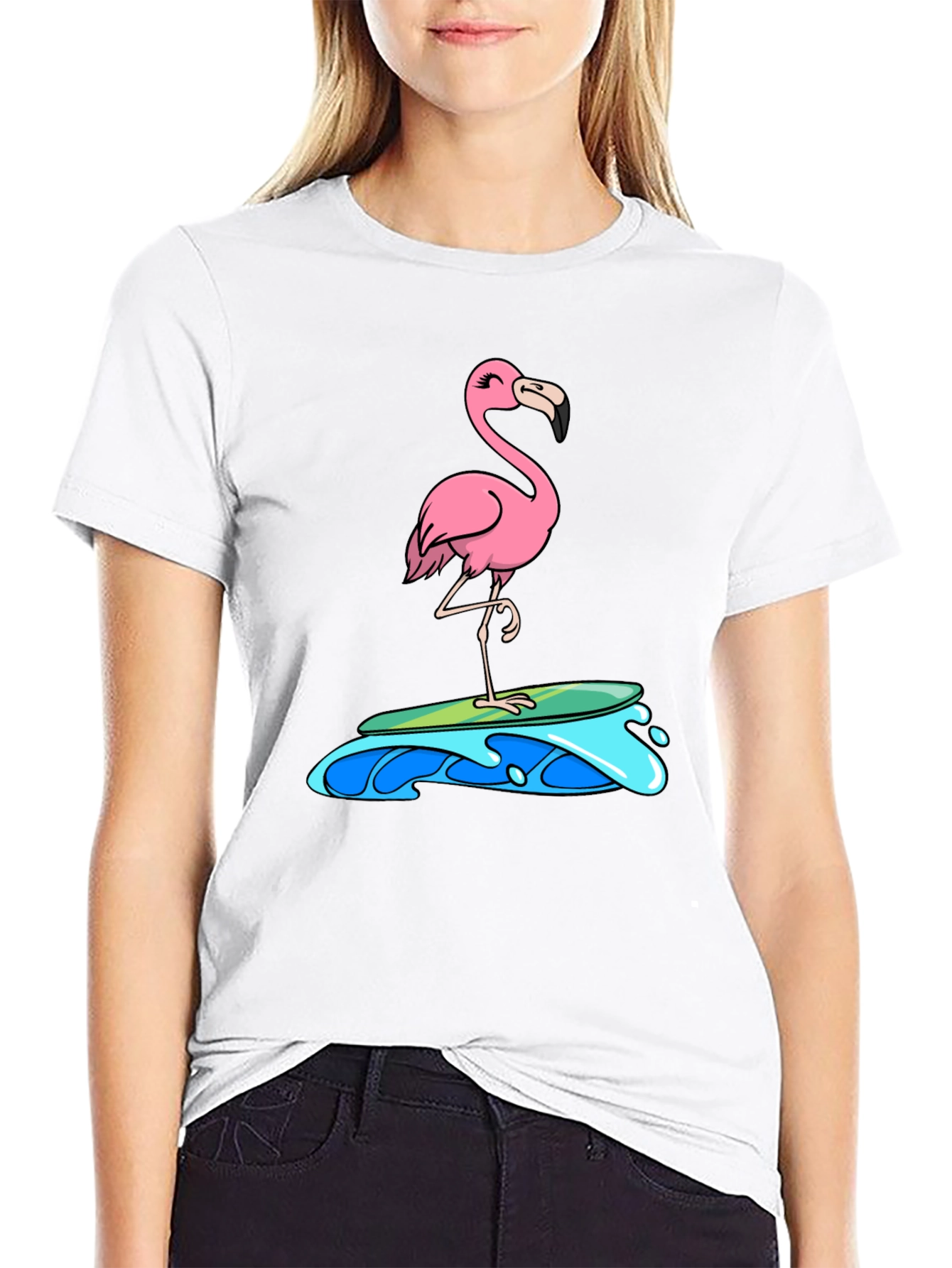 Surfing Flamingo Graphic Tee - Black Cotton T-Shirt