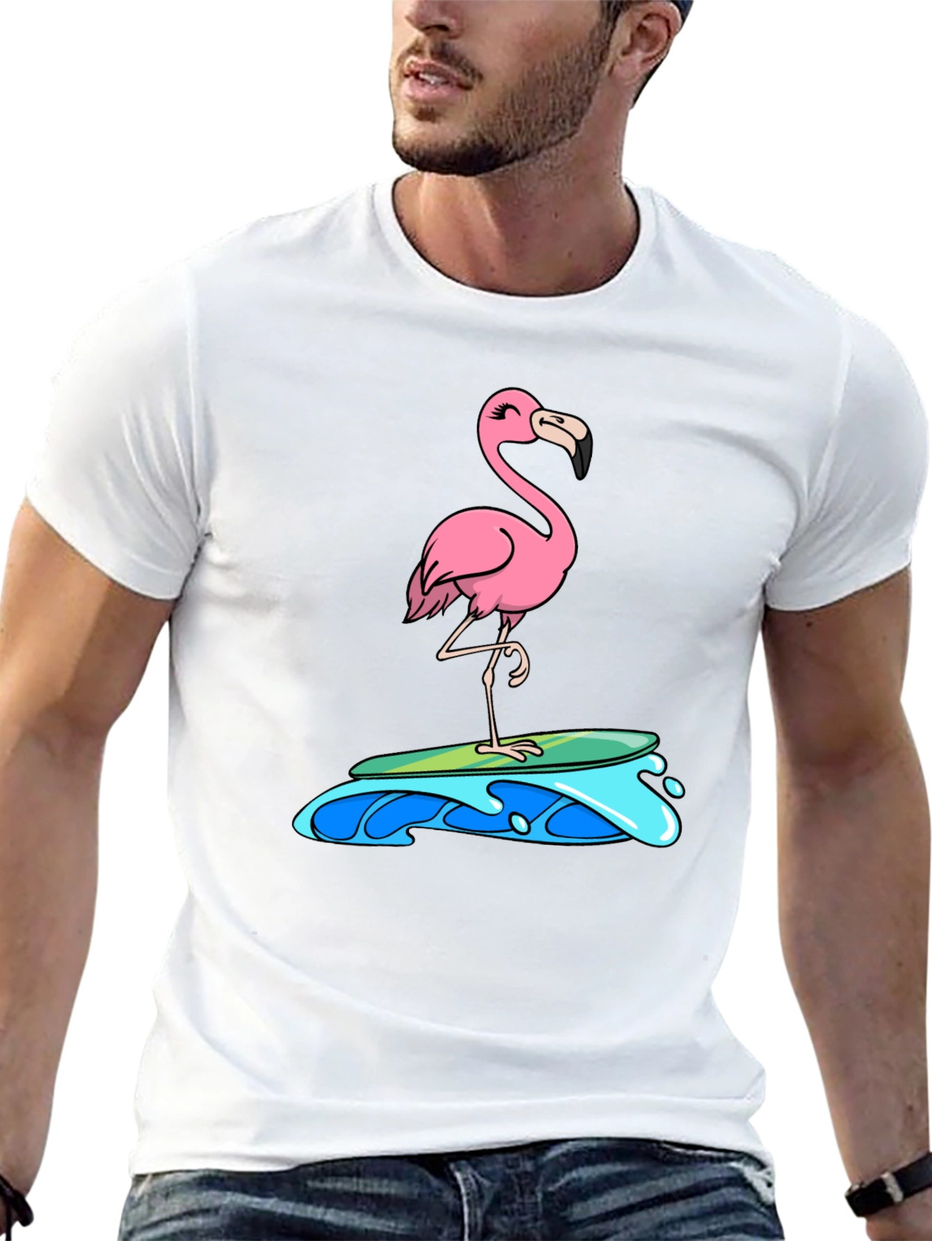 Surfing Flamingo Graphic Tee - Black Cotton T-Shirt