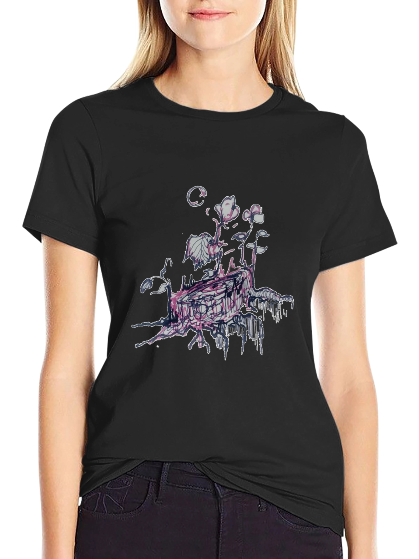 Unique Floral Graphic Print Black T-Shirt