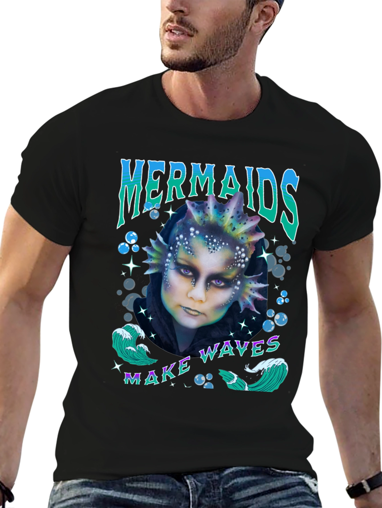 Mermaids Make Waves Graphic T-Shirt - Black