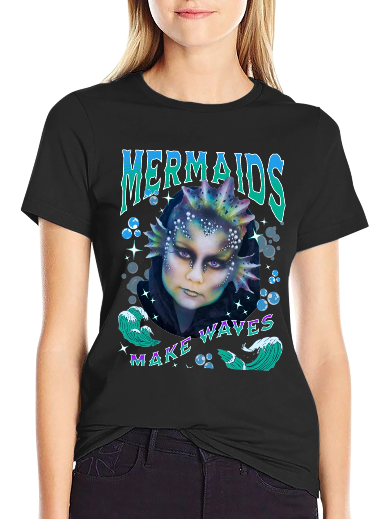Mermaids Make Waves Graphic T-Shirt - Black