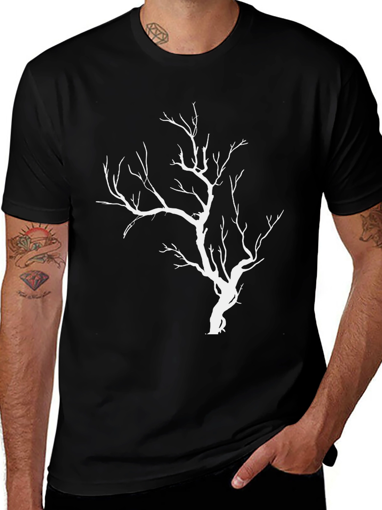 Black T-Shirt with White Tree Graphic