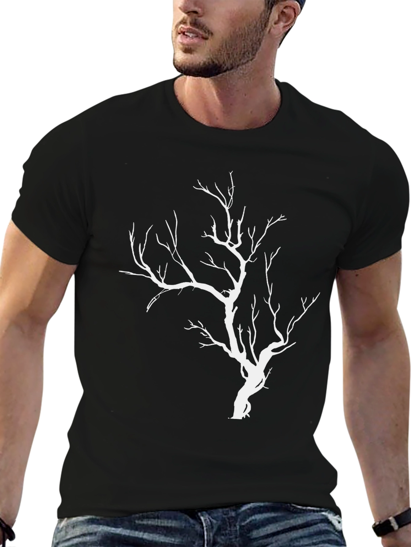 Black T-Shirt with White Tree Graphic