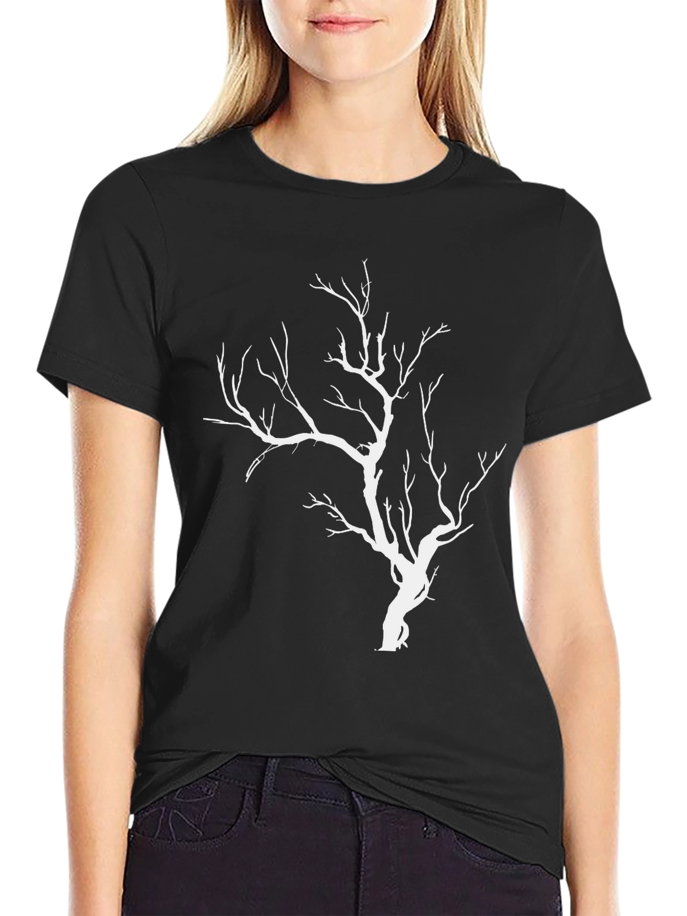 Black T-Shirt with White Tree Graphic