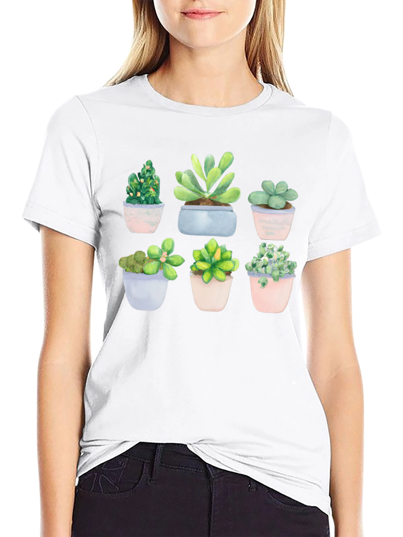 Stylish Succulent Print Black T-Shirt