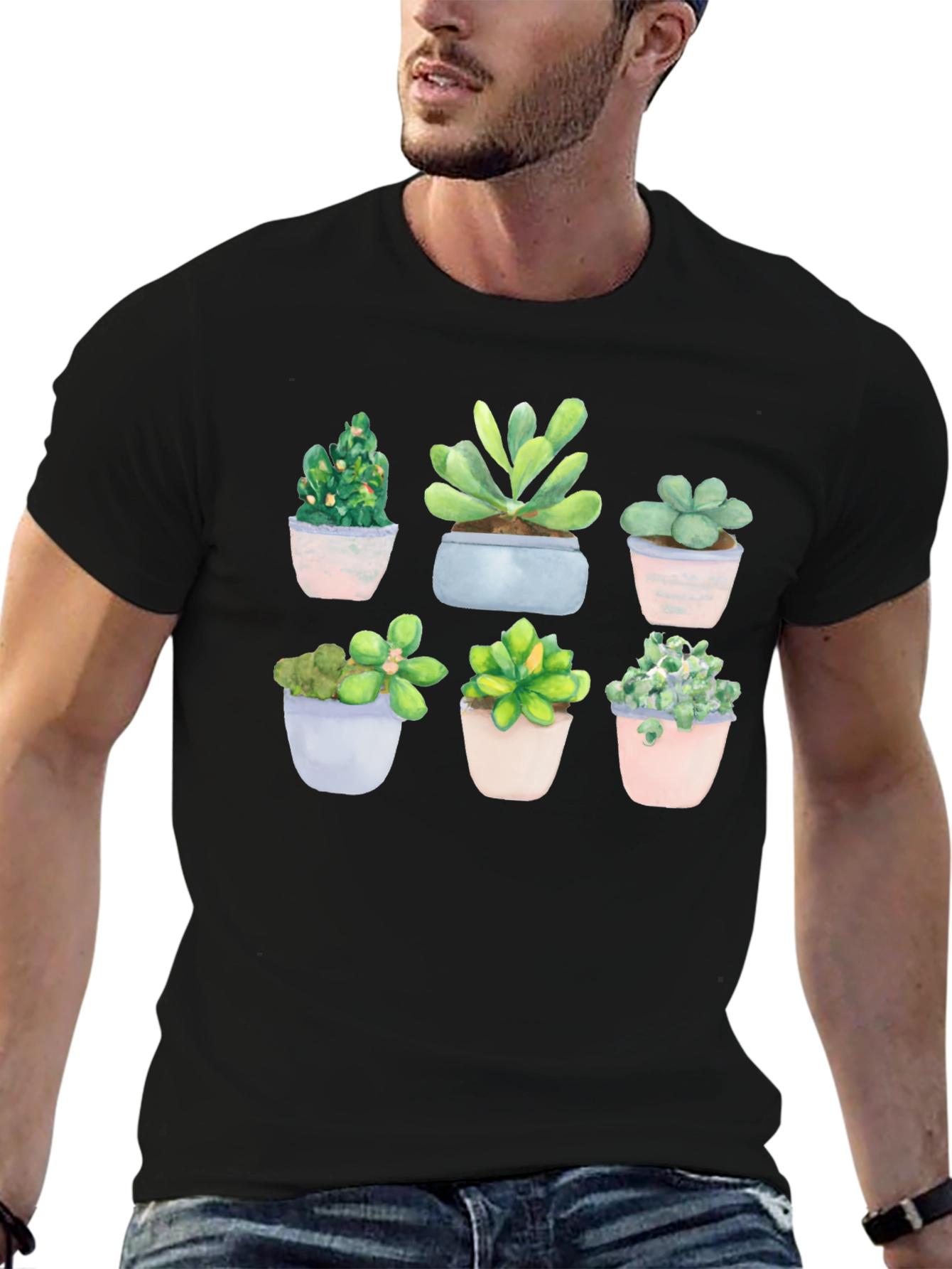 Stylish Succulent Print Black T-Shirt