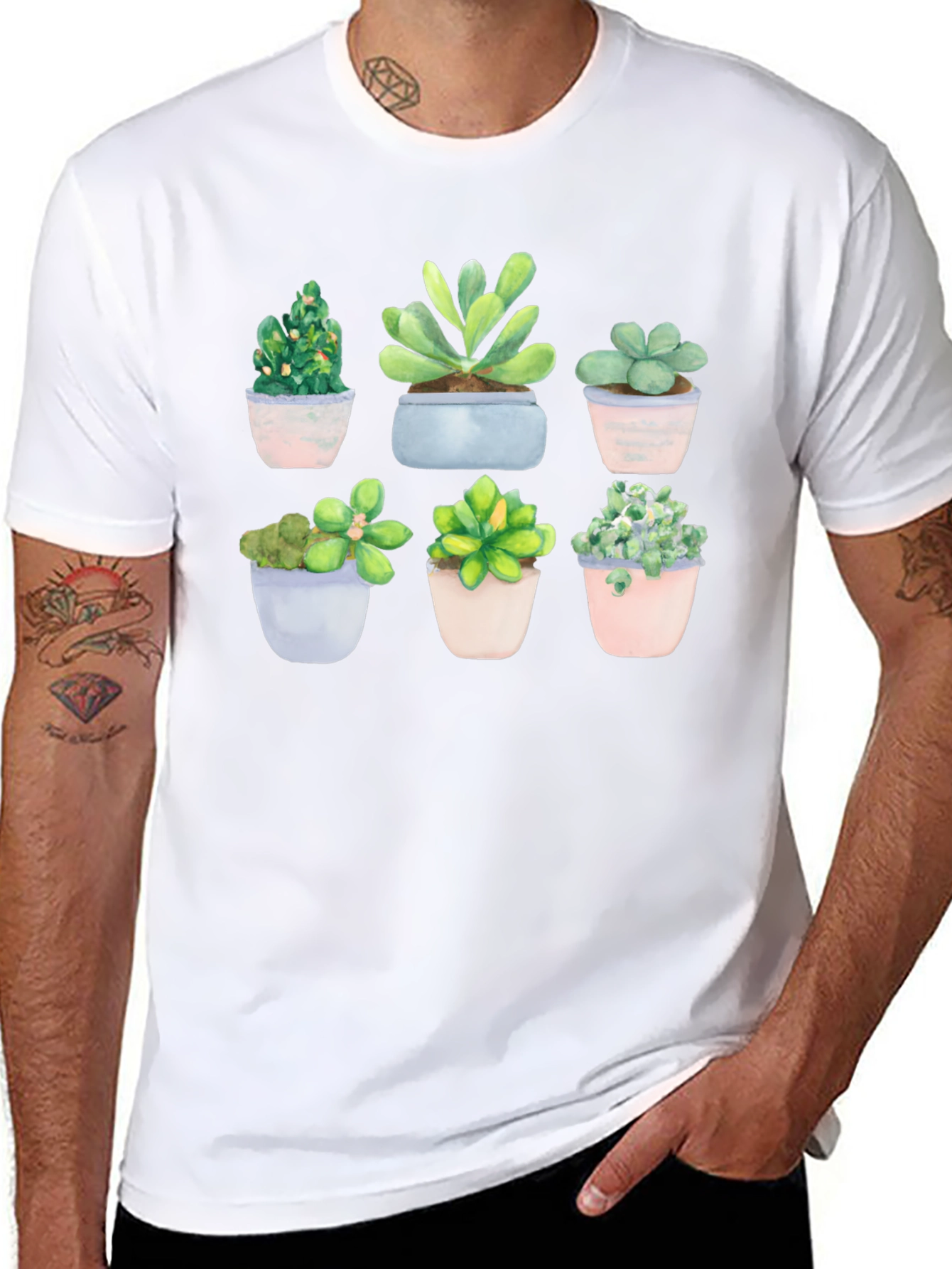 Stylish Succulent Print Black T-Shirt