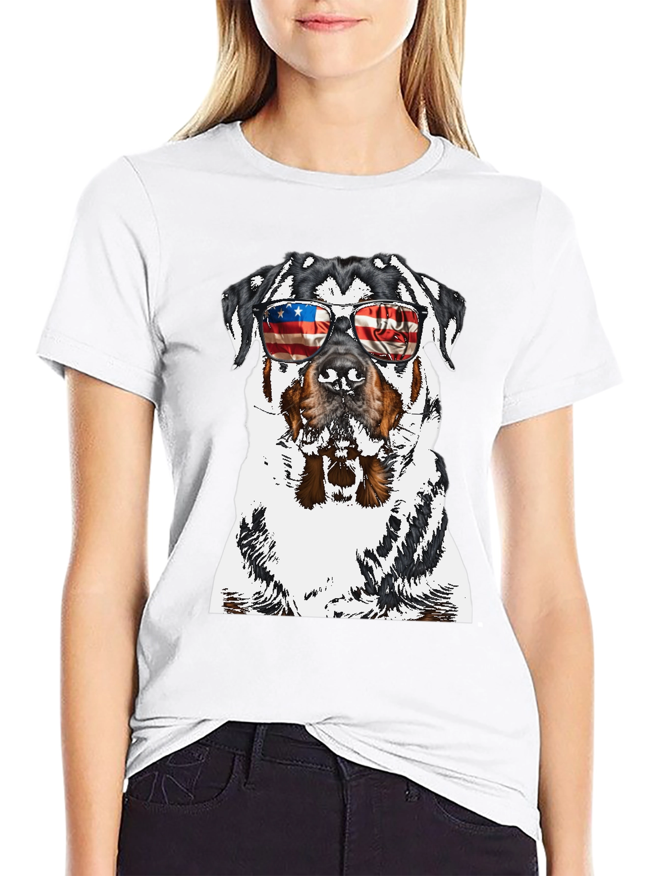 Rottweiler Dog Patriotic USA Flag Sunglasses T-Shirt