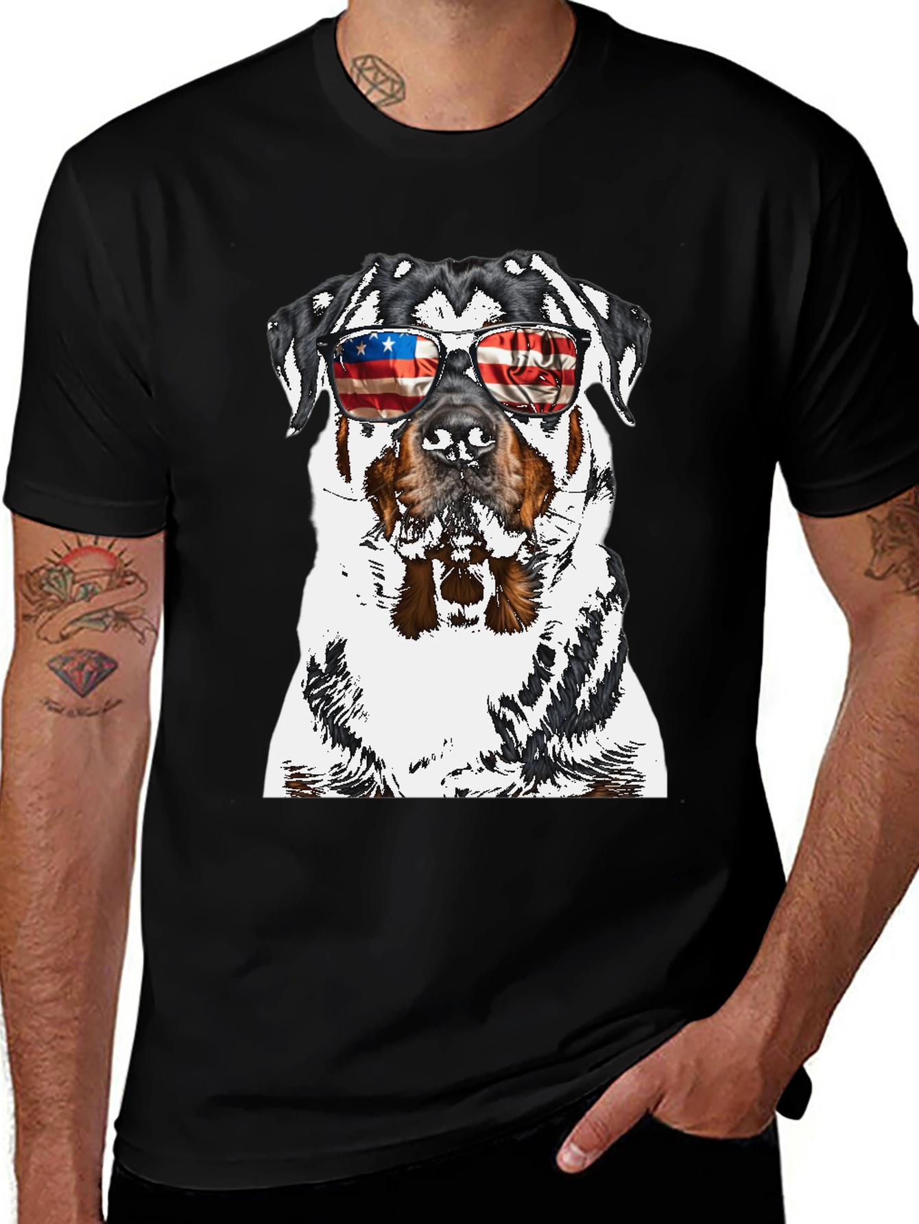 Rottweiler Dog Patriotic USA Flag Sunglasses T-Shirt
