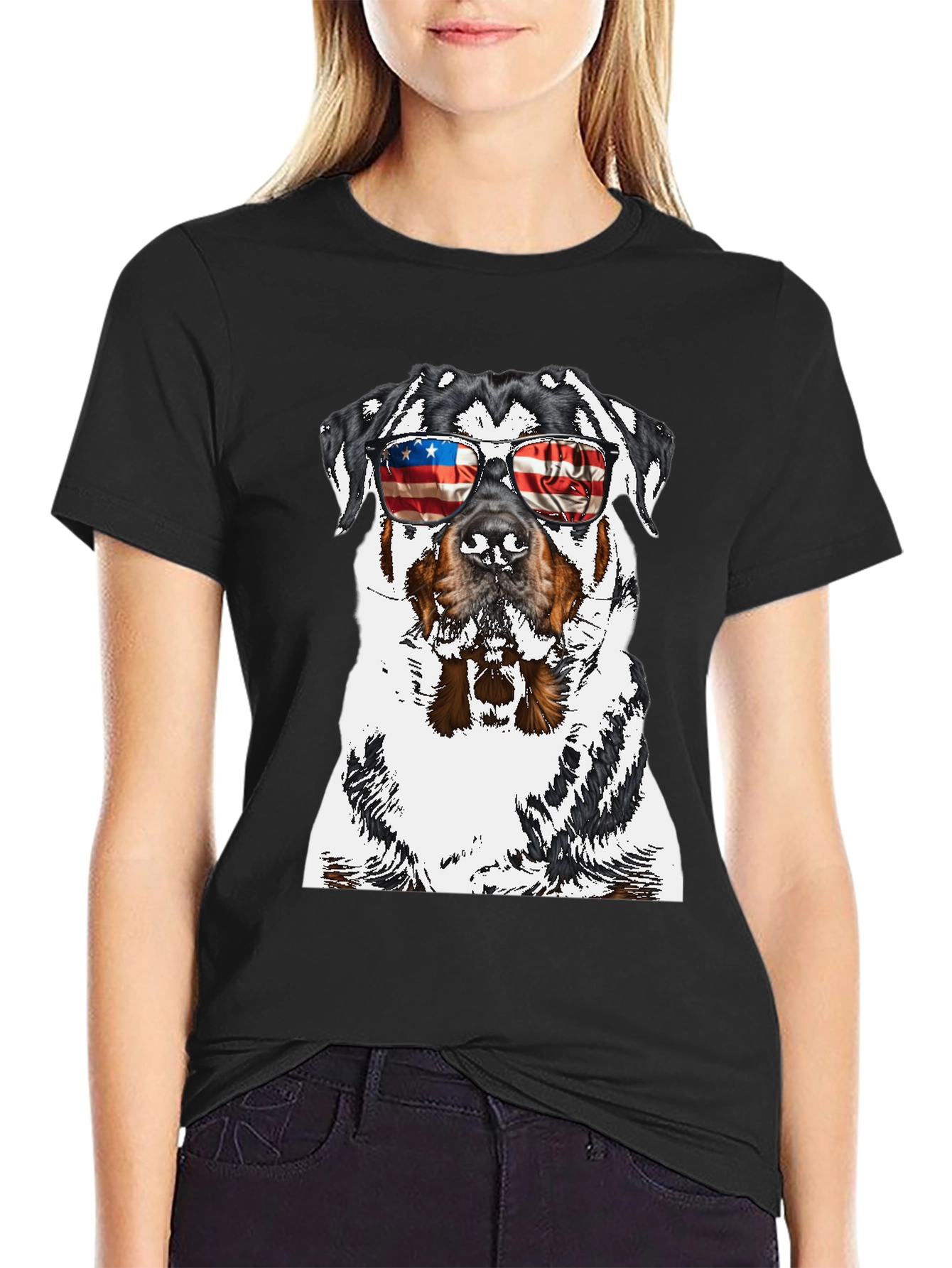 Rottweiler Dog Patriotic USA Flag Sunglasses T-Shirt