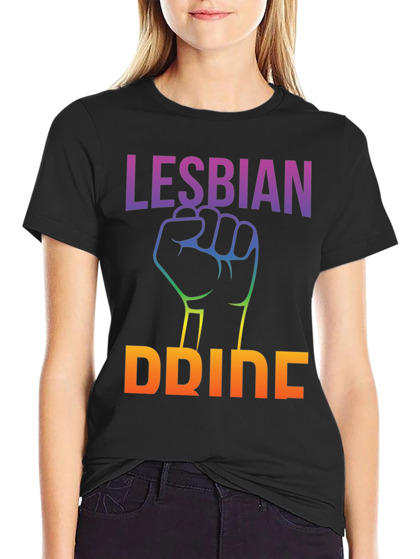 Lesbian Pride Black T-Shirt Rainbow Fist
