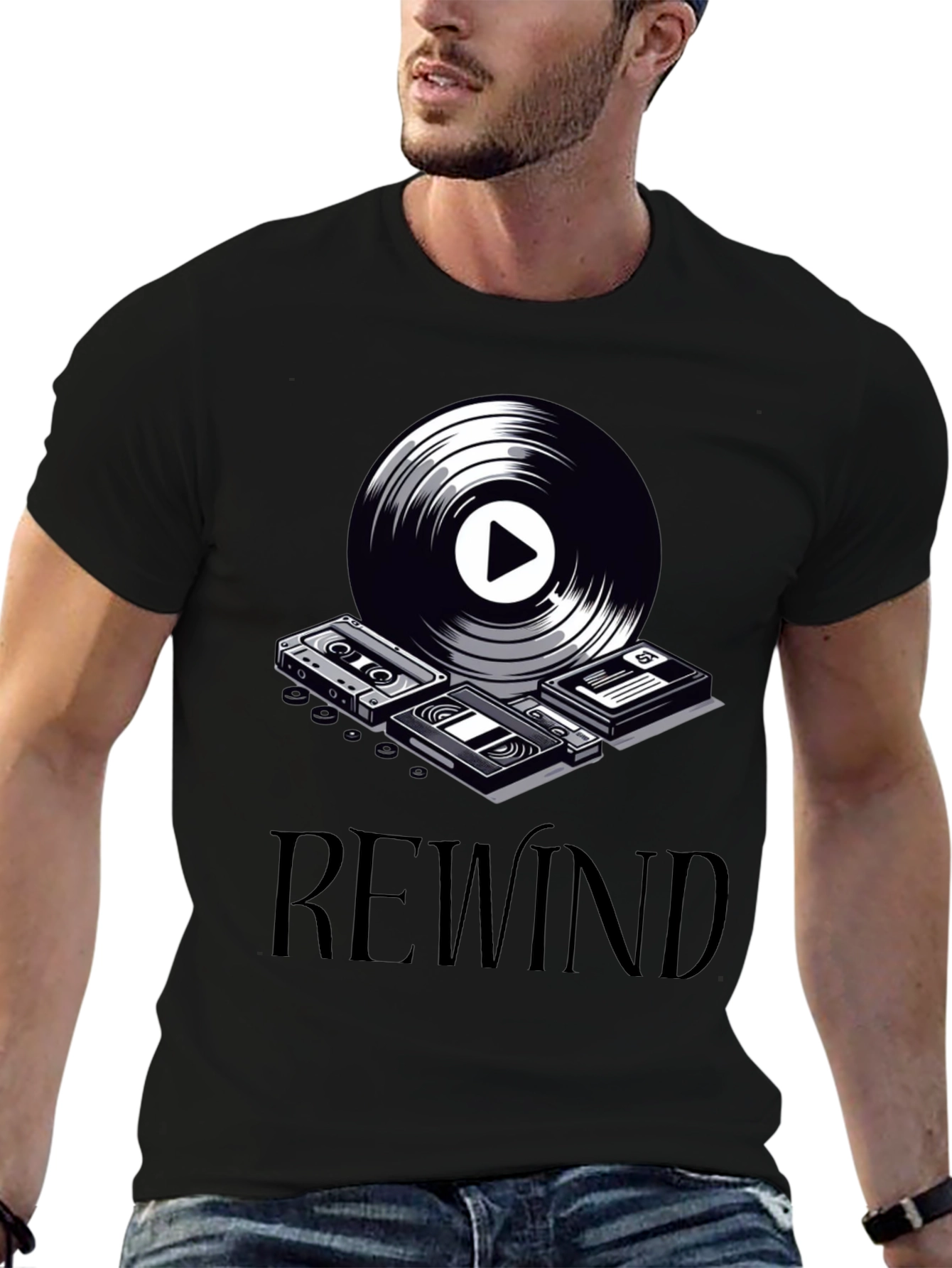 Rewind Retro Music Graphic Tee - Black