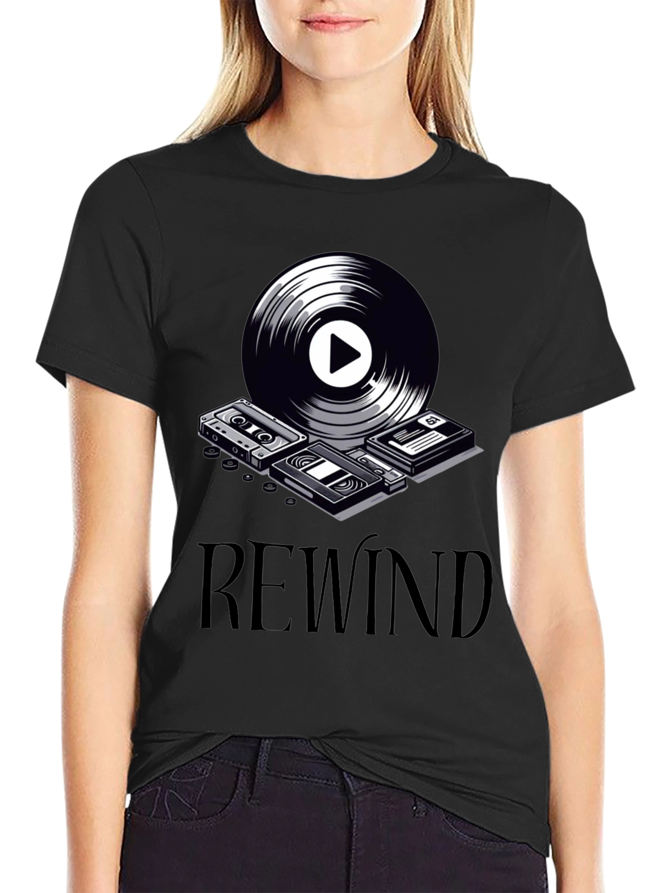 Rewind Retro Music Graphic Tee - Black