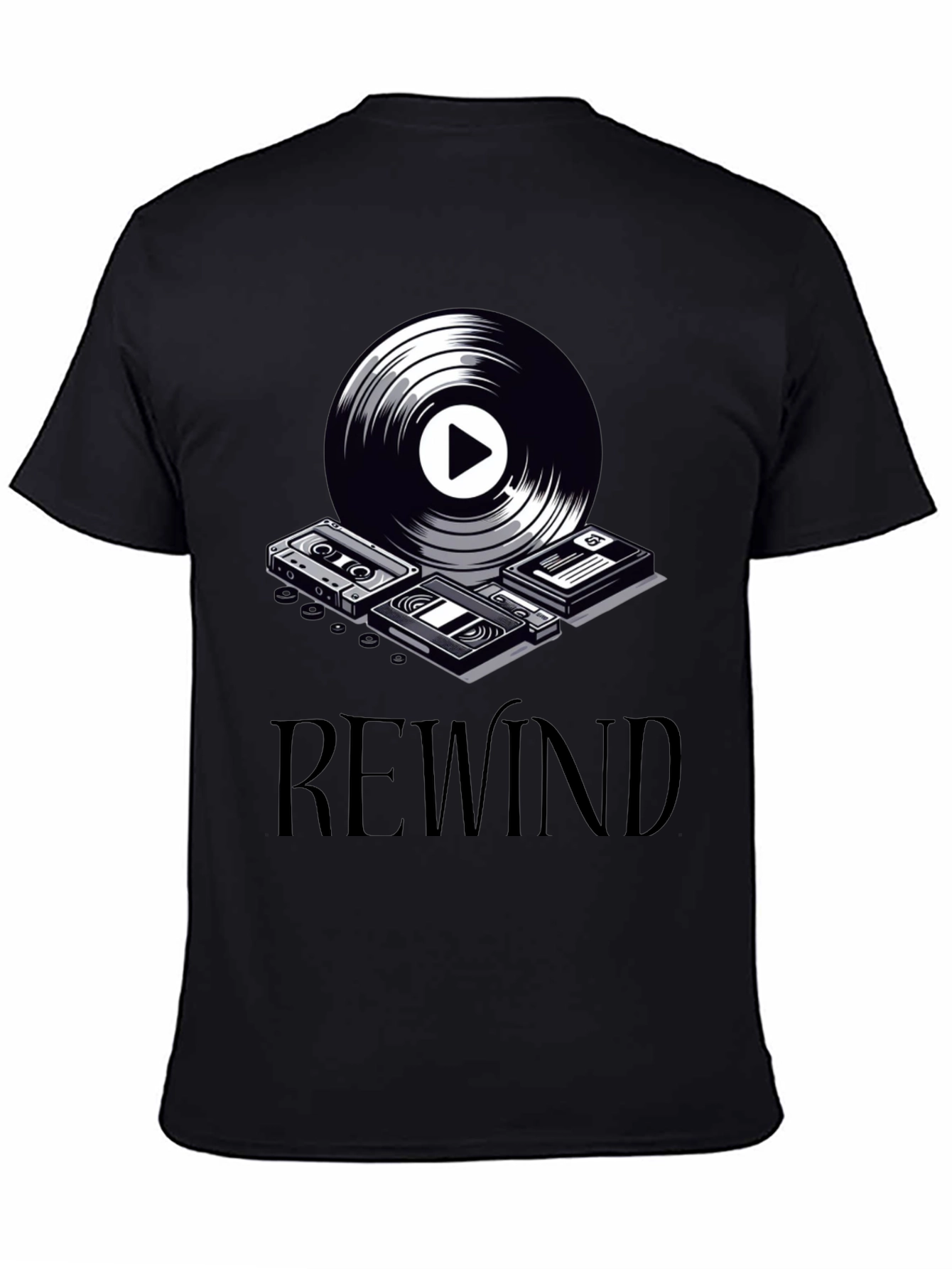 Rewind Retro Music Graphic Tee - Black
