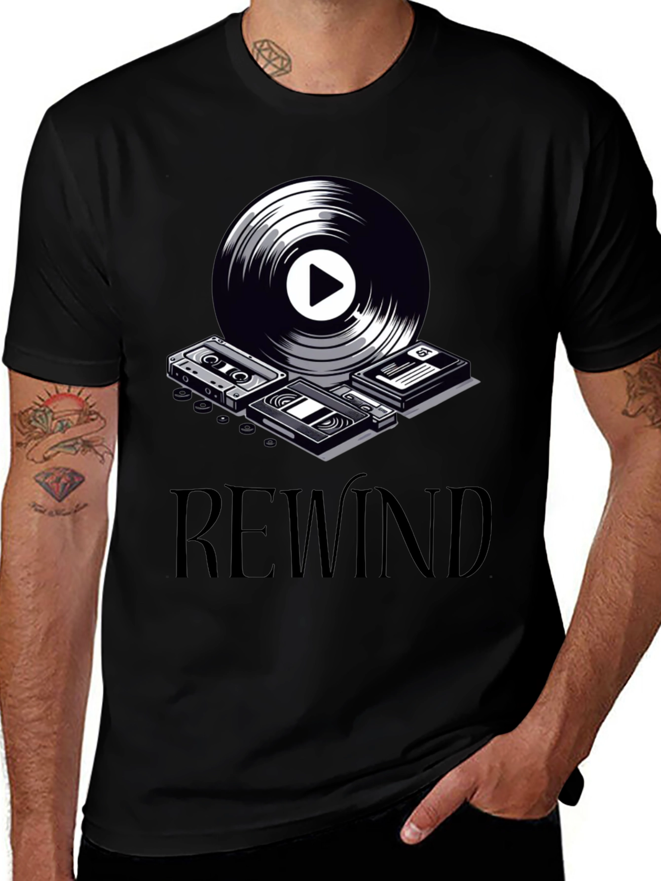 Rewind Retro Music Graphic Tee - Black