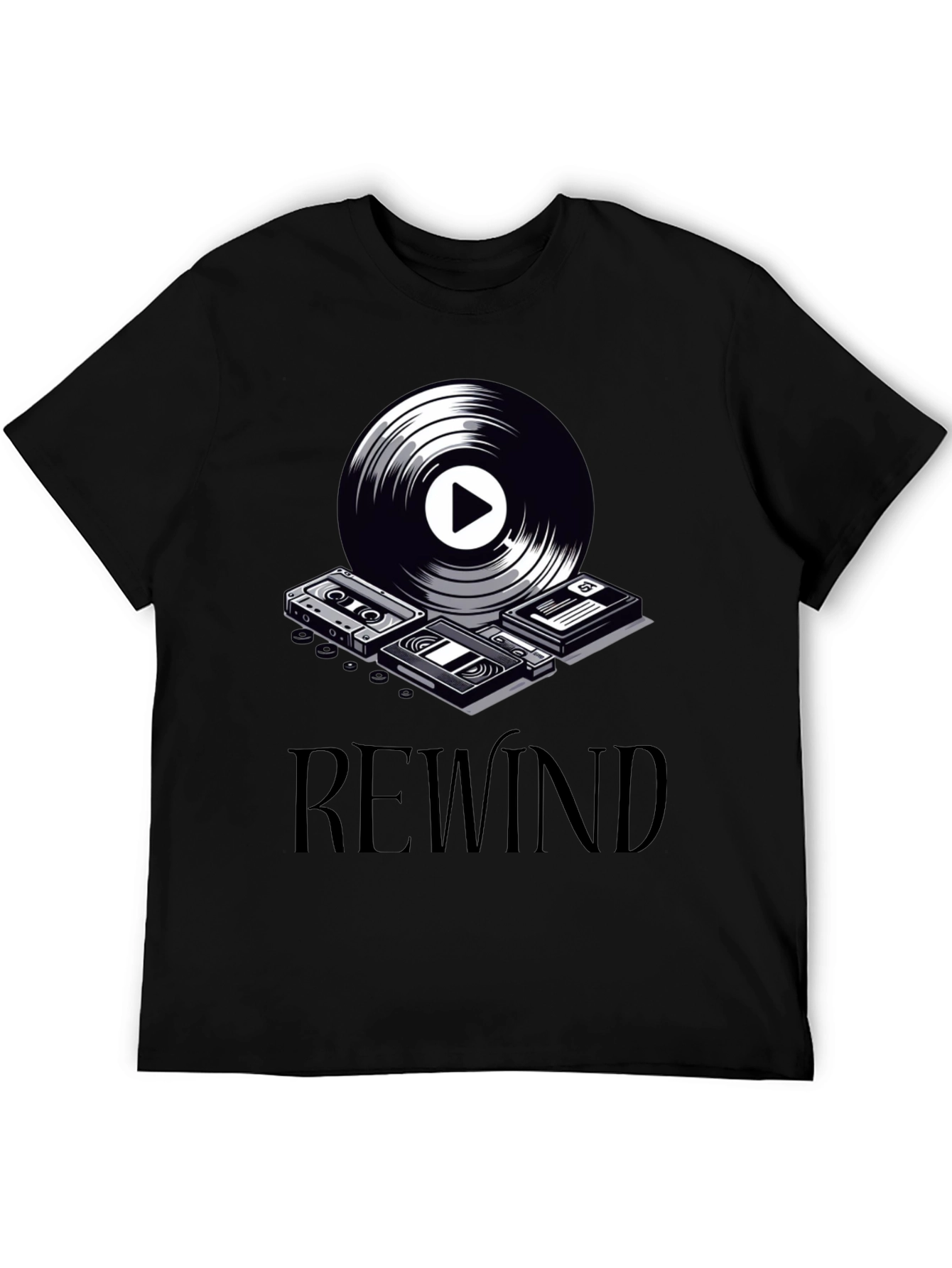 Rewind Retro Music Graphic Tee - Black