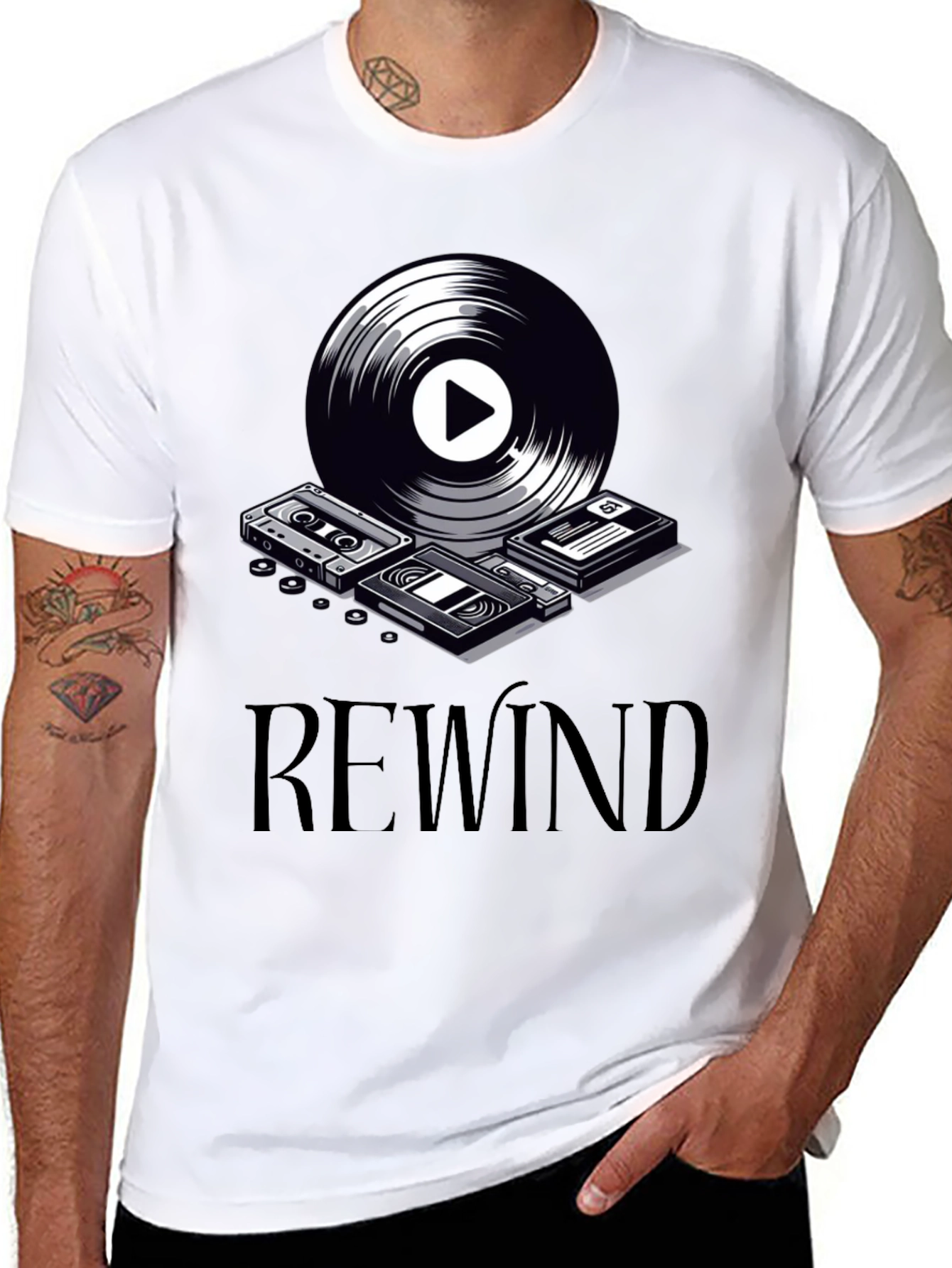 Rewind Retro Music Graphic Tee - Black