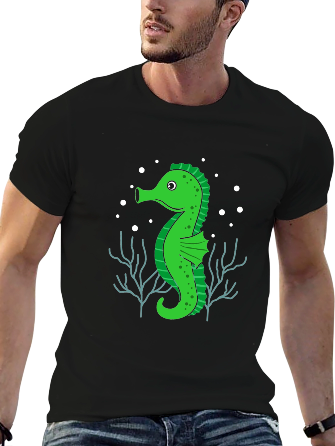 Seahorse Graphic Tee - Black Cotton T-Shirt