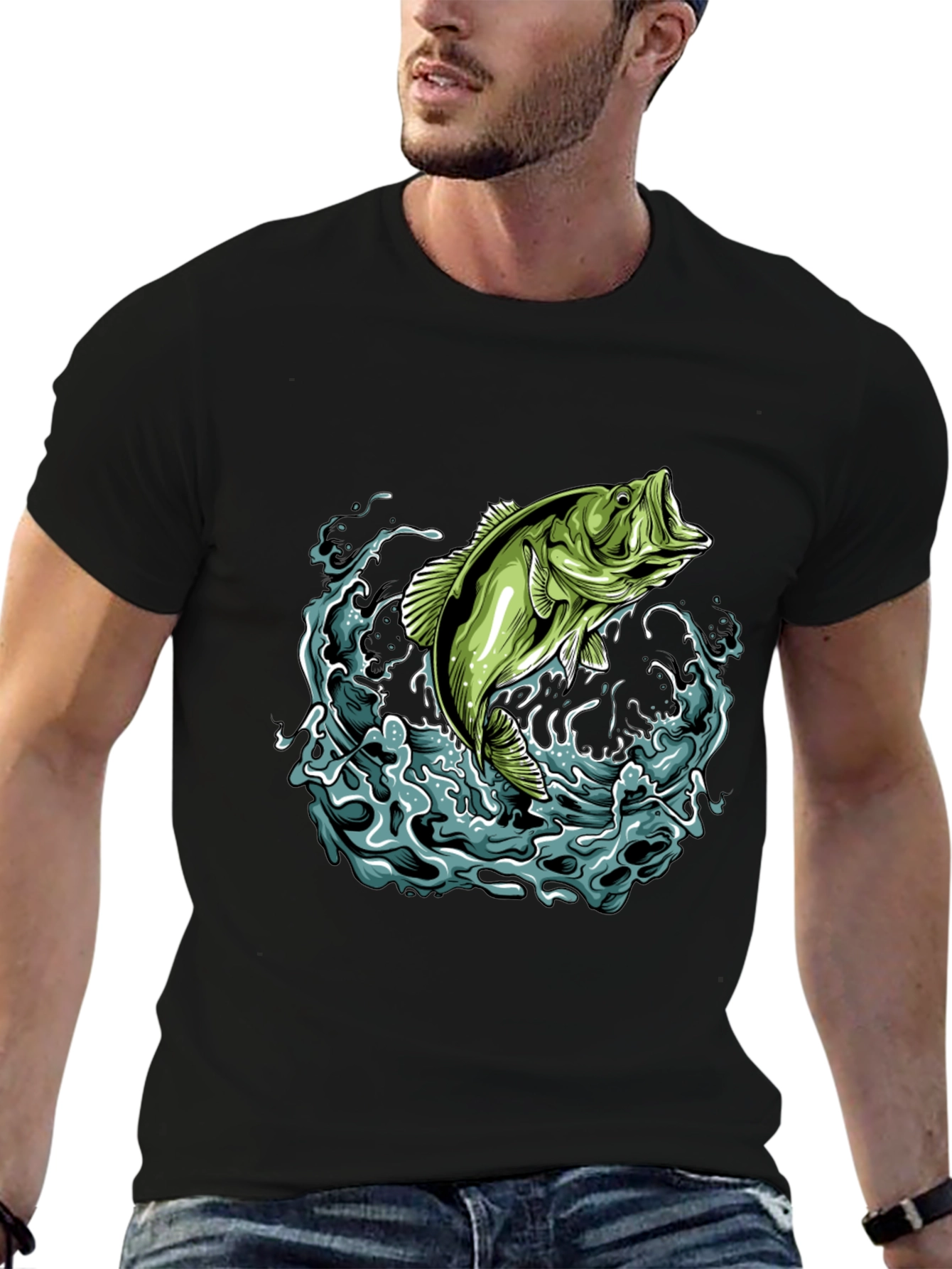 Bass Fishing Graphic Tee - Black Cotton T-Shirt