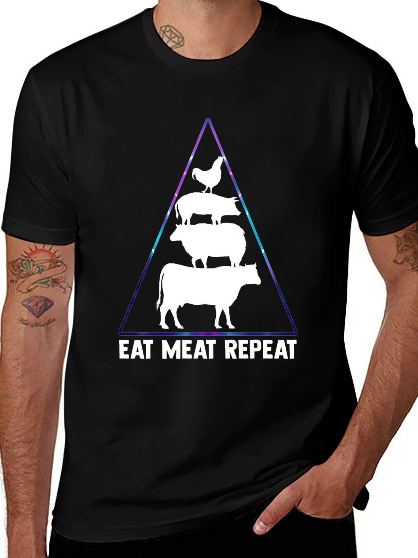 Eat Meat Repeat T-Shirt: Black Animal Pyramid Design