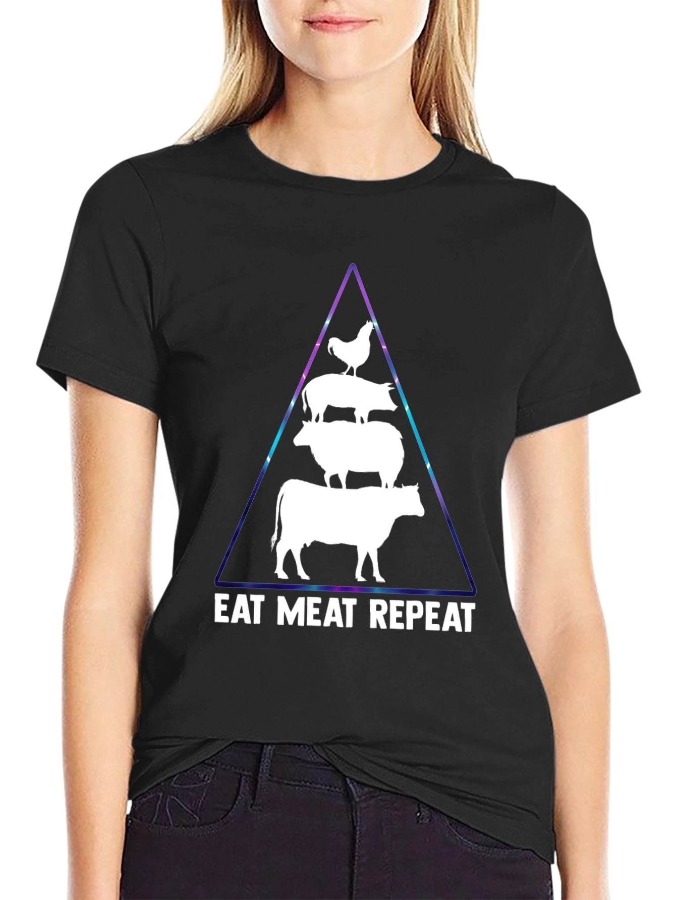Eat Meat Repeat T-Shirt: Black Animal Pyramid Design