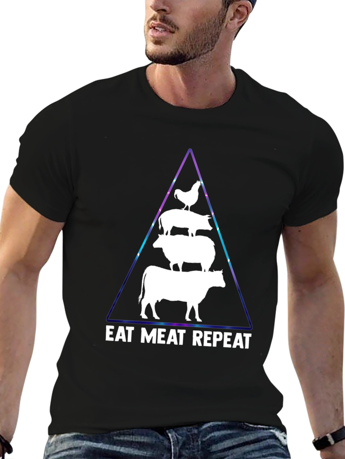 Eat Meat Repeat T-Shirt: Black Animal Pyramid Design