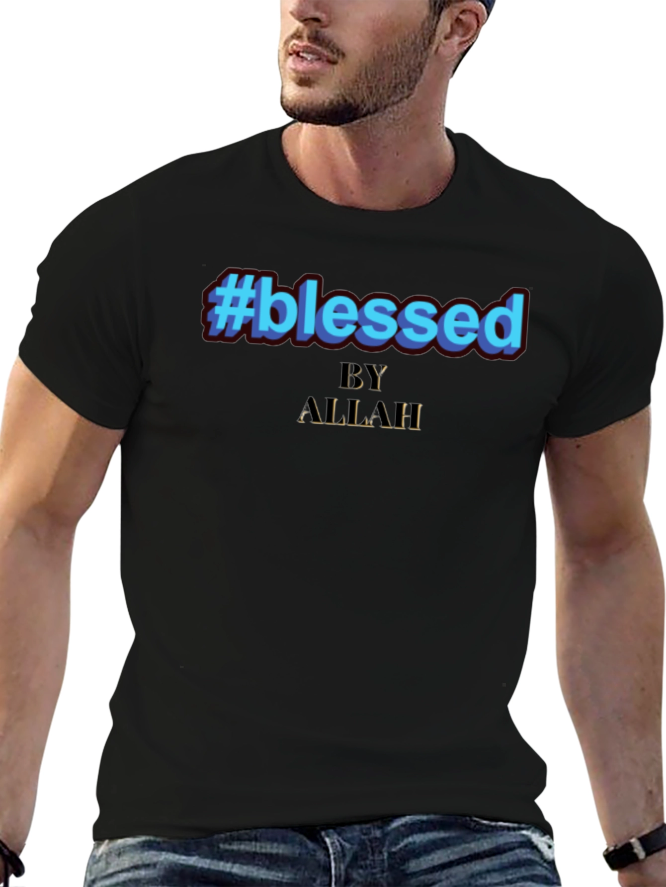 #Blessed by Allah Graphic Print Black T-Shirt