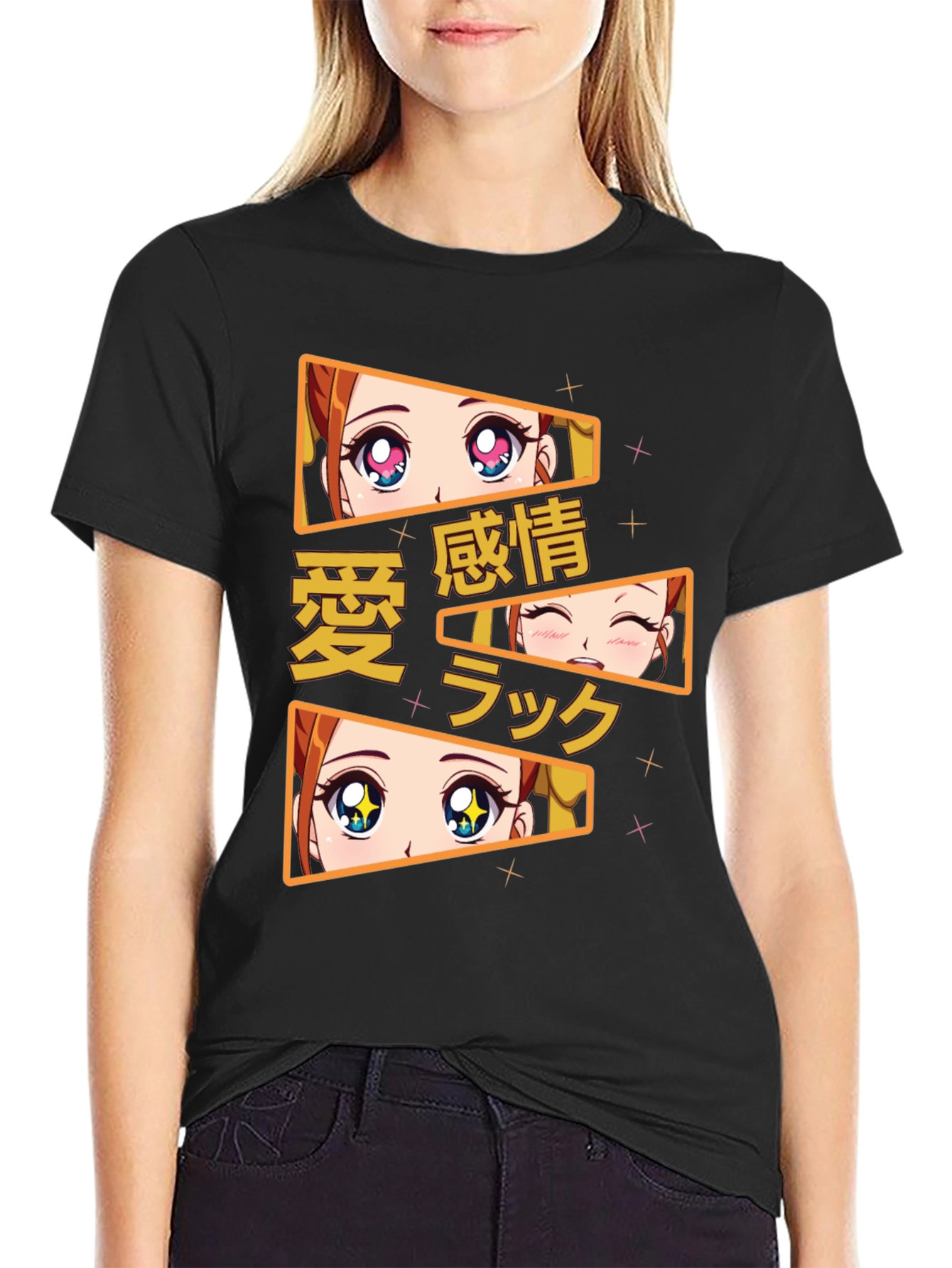 Anime Eyes Graphic Tee - Black Cotton T-Shirt