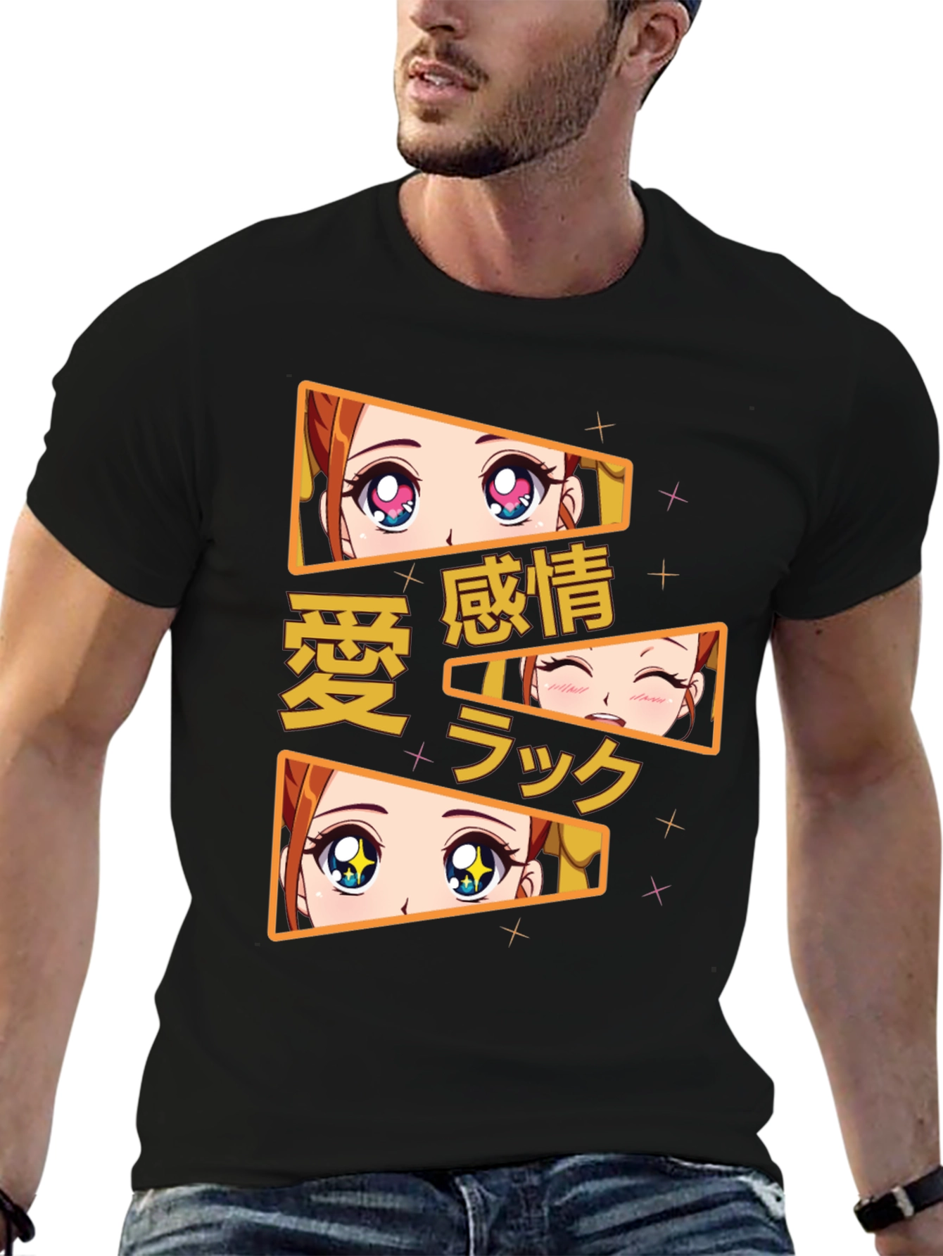 Anime Eyes Graphic Tee - Black Cotton T-Shirt