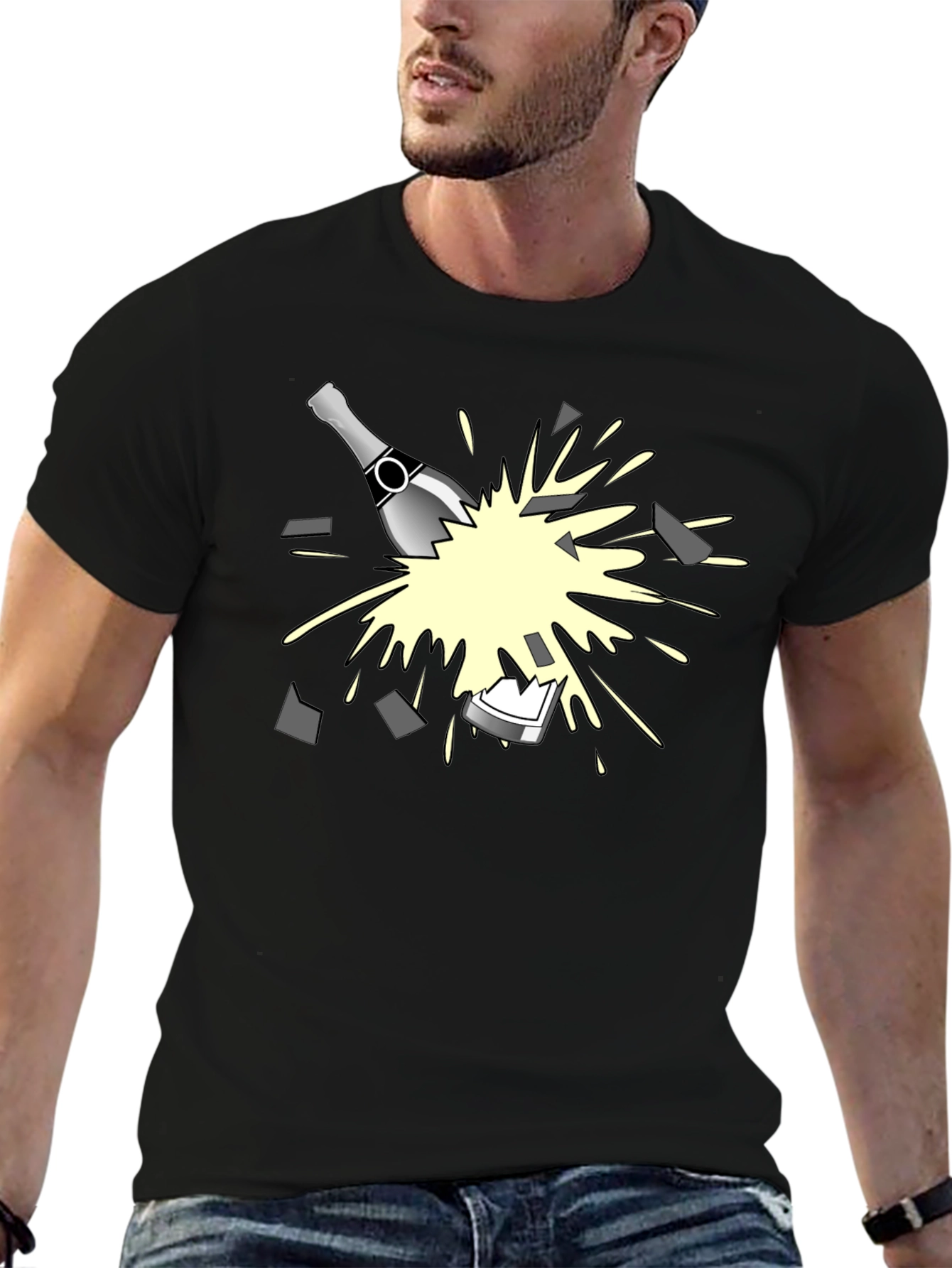Breaking Champagne Bottle Graphic Tee - Black