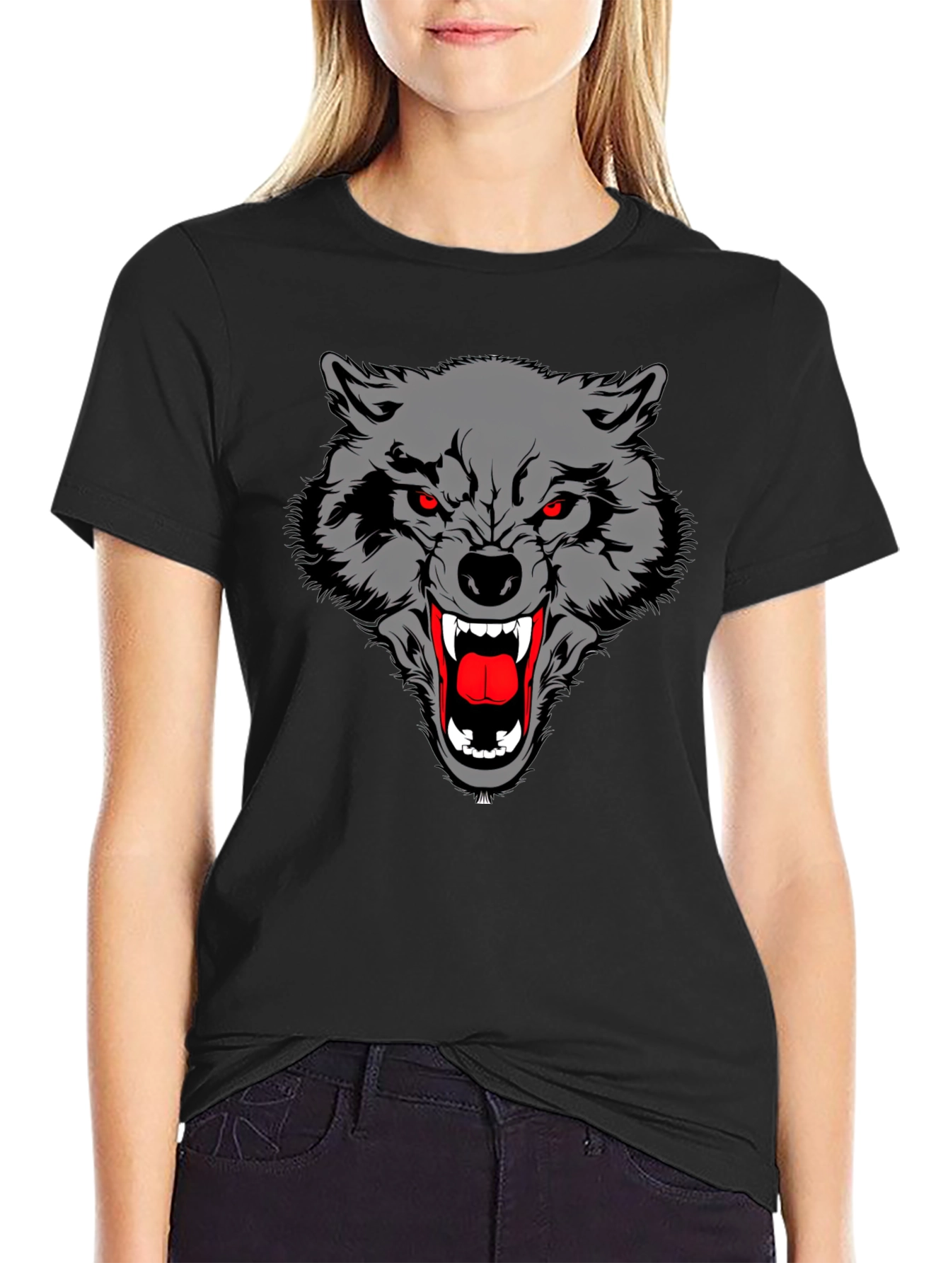 Black T-Shirt with Wolf Graphic