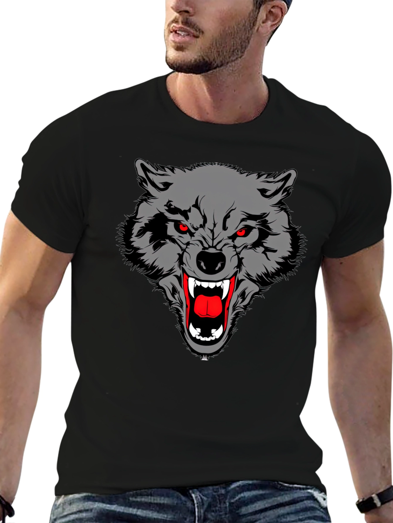 Black T-Shirt with Wolf Graphic