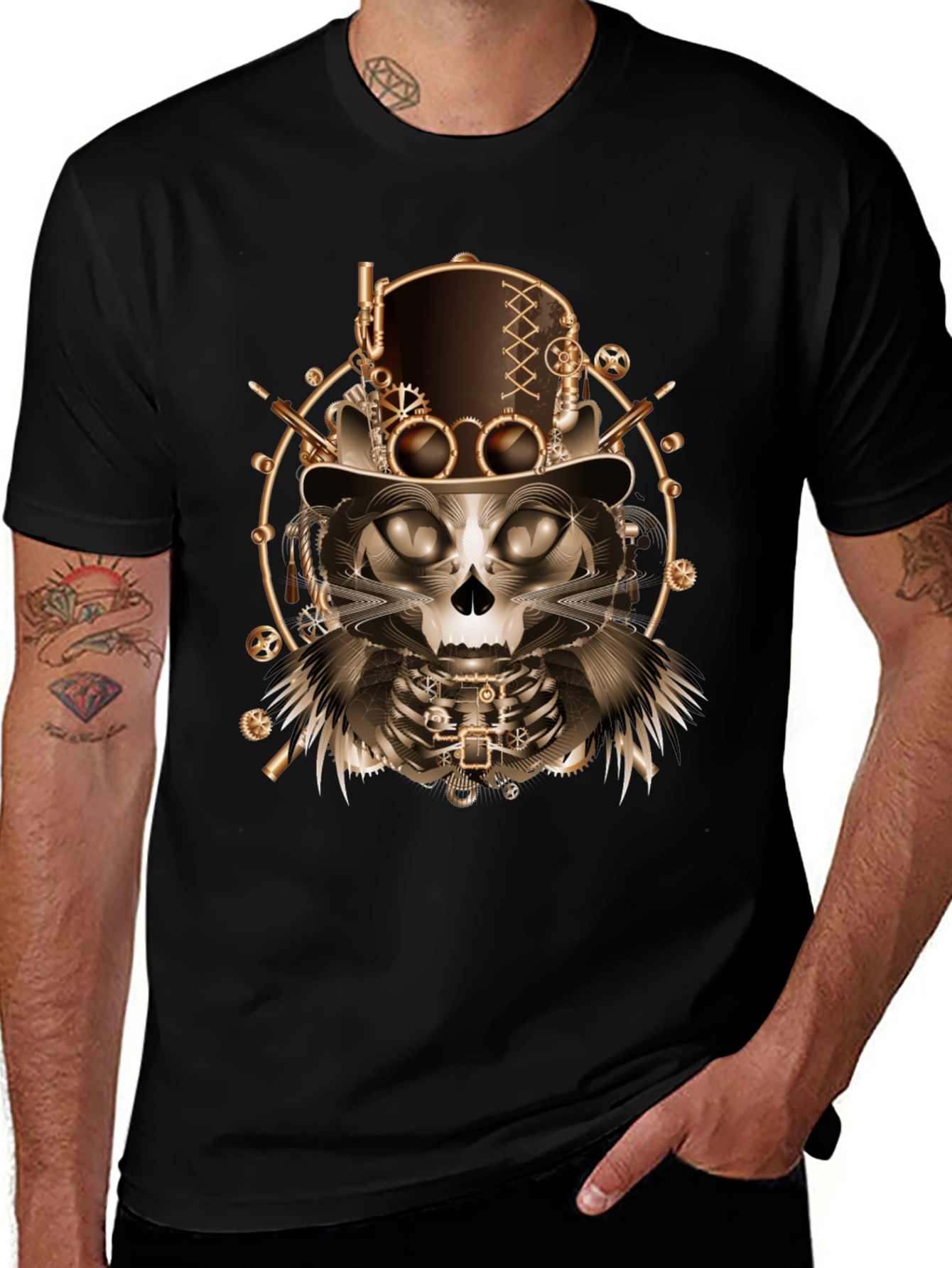 Steampunk Cat Skull T-Shirt - Unique Gothic Design