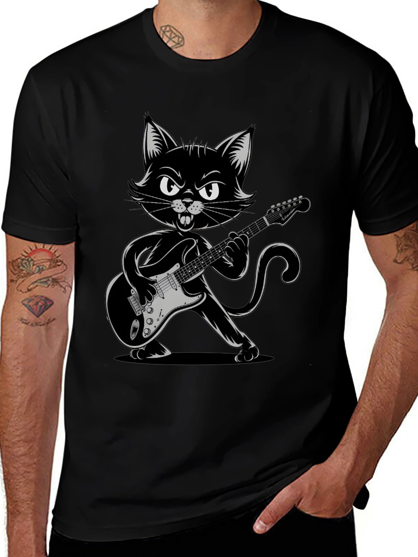 Cool Cat Guitarist Graphic Tee - Black