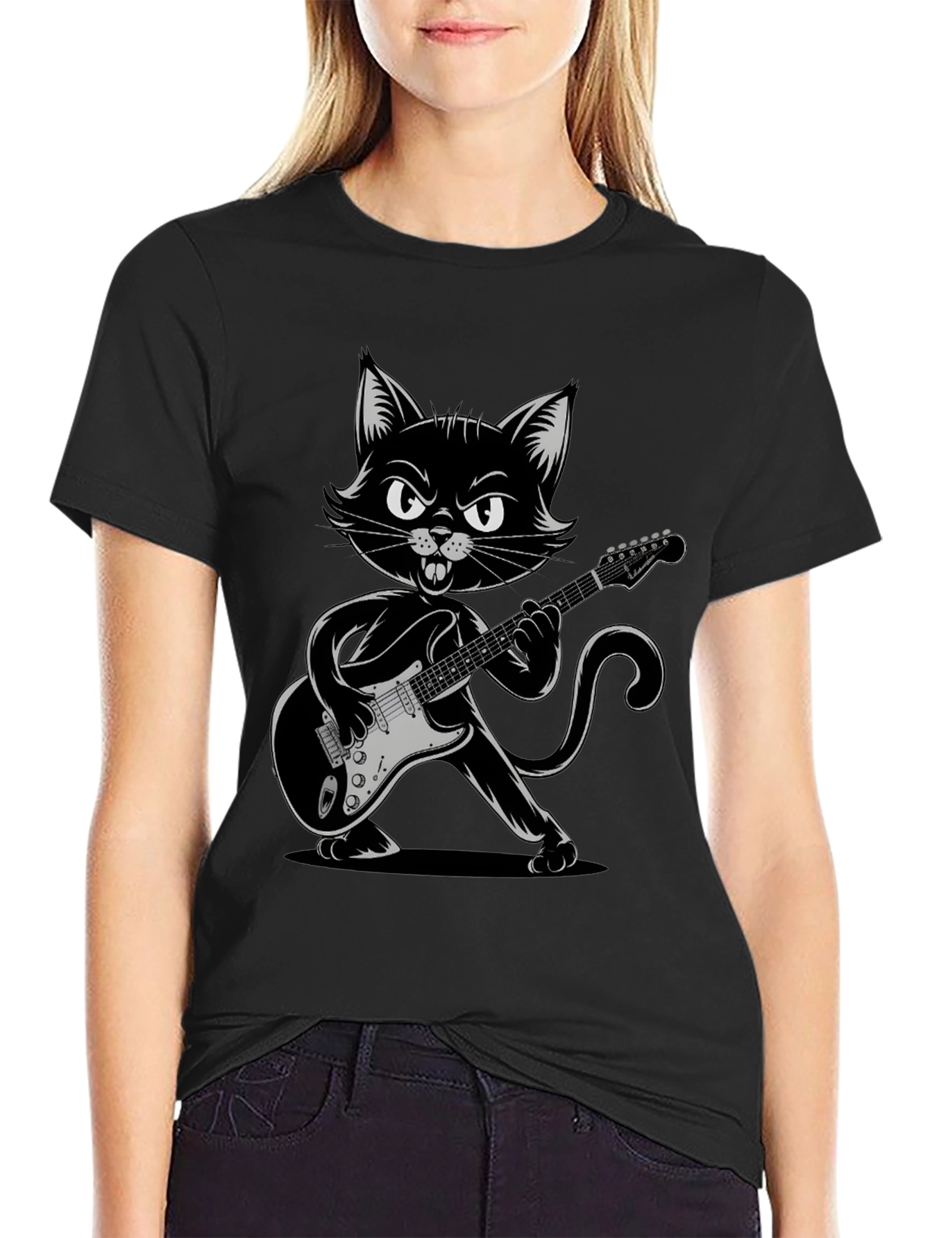 Cool Cat Guitarist Graphic Tee - Black
