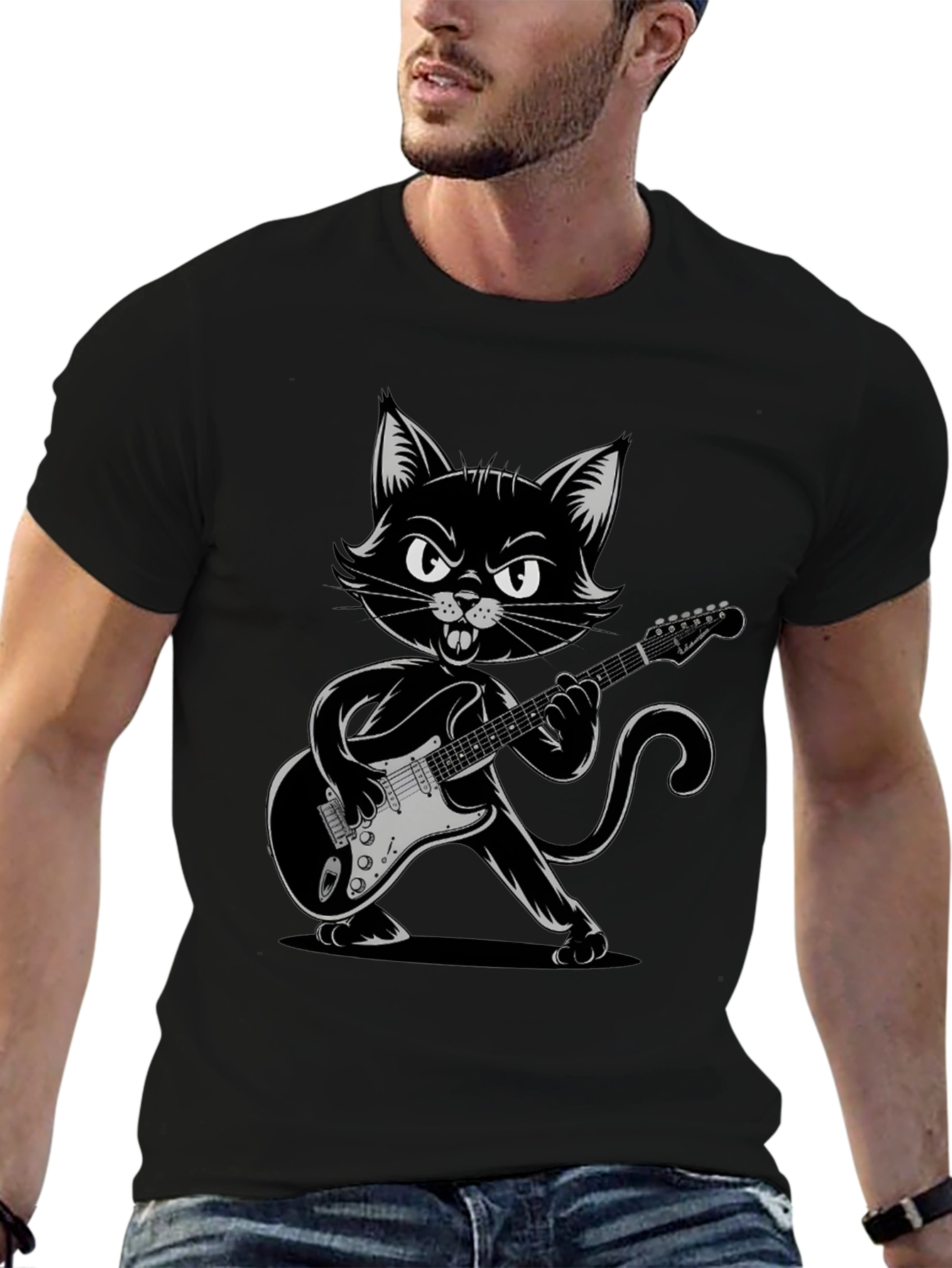 Cool Cat Guitarist Graphic Tee - Black