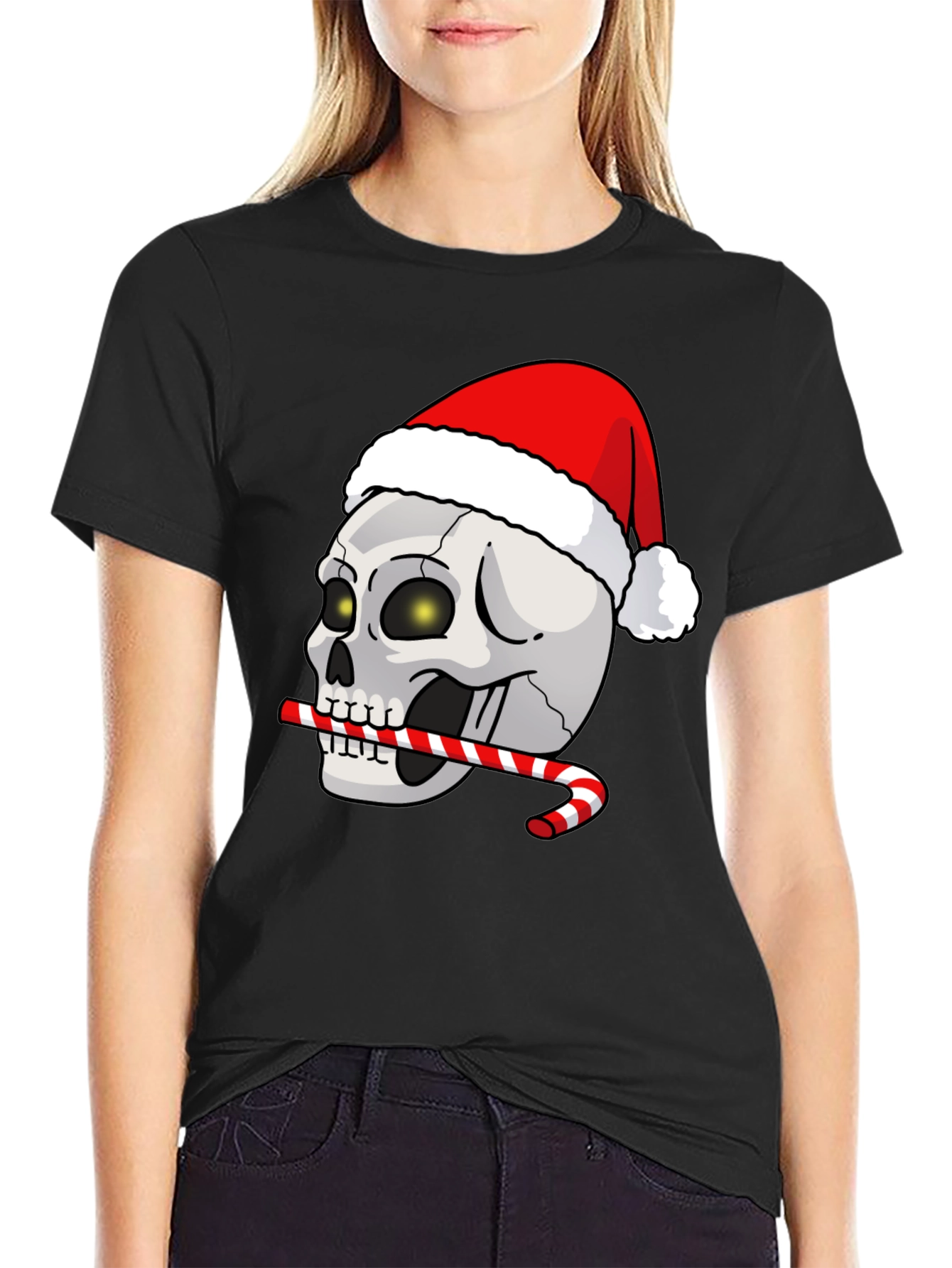Festive Skull T-Shirt: Santa Hat & Candy Cane