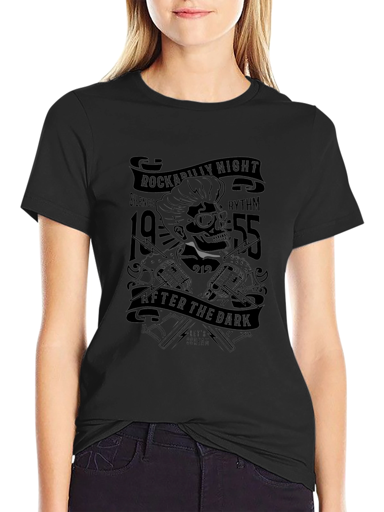 Rockabilly Night Skull Graphic Tee - Black