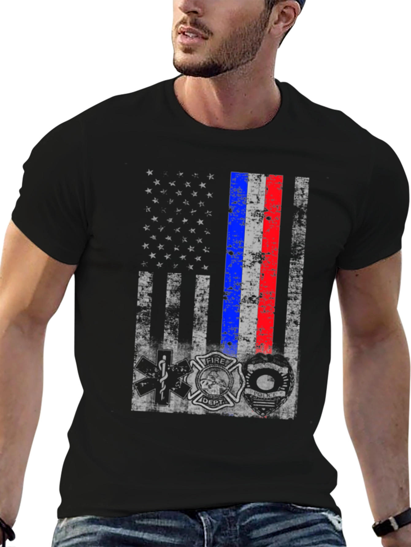 Distressed USA Flag EMS Firefighter Police T-Shirt