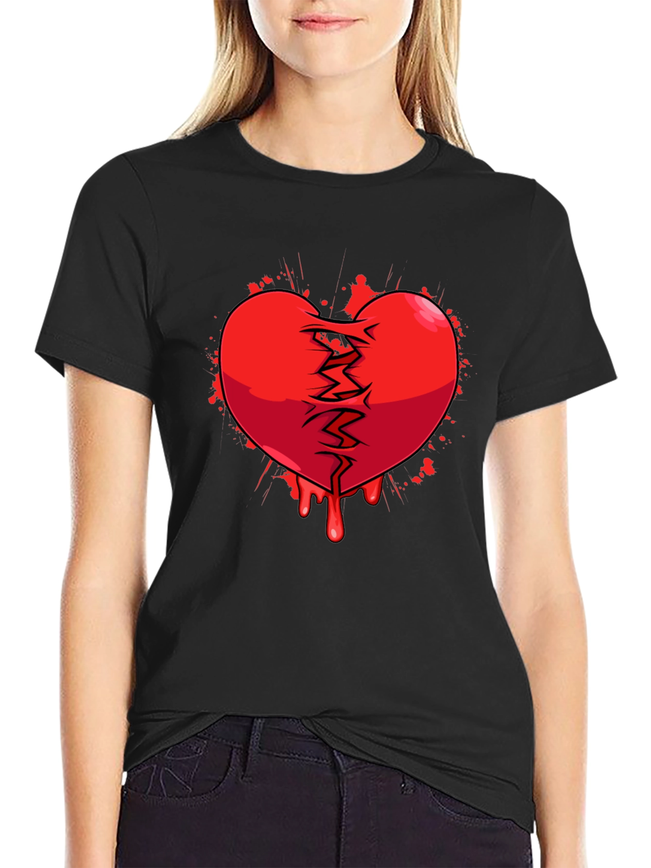 Broken Heart Graphic Print Black T-Shirt