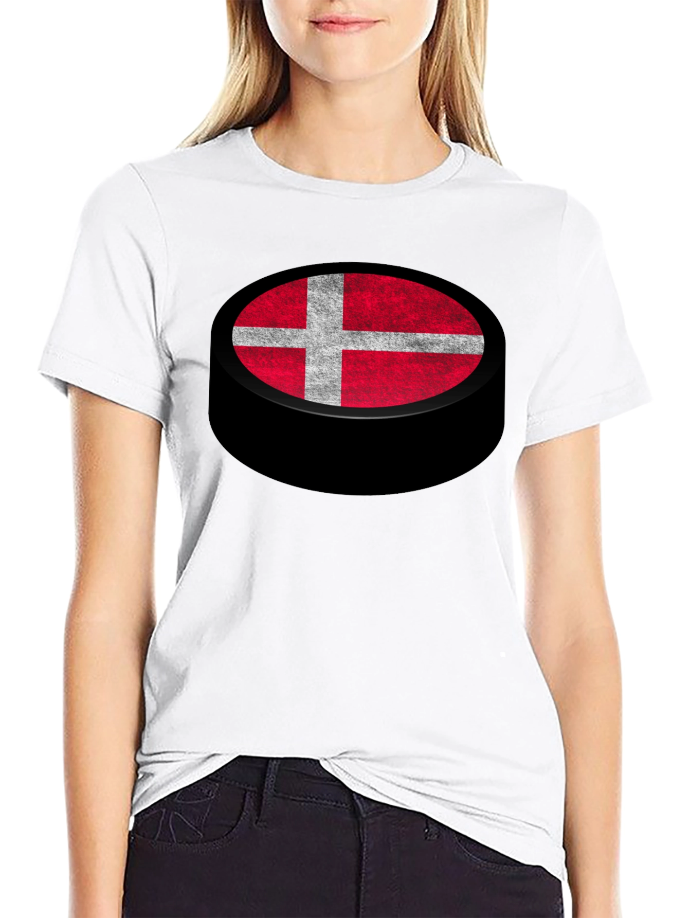 Denmark Flag Hockey Puck Graphic T-Shirt