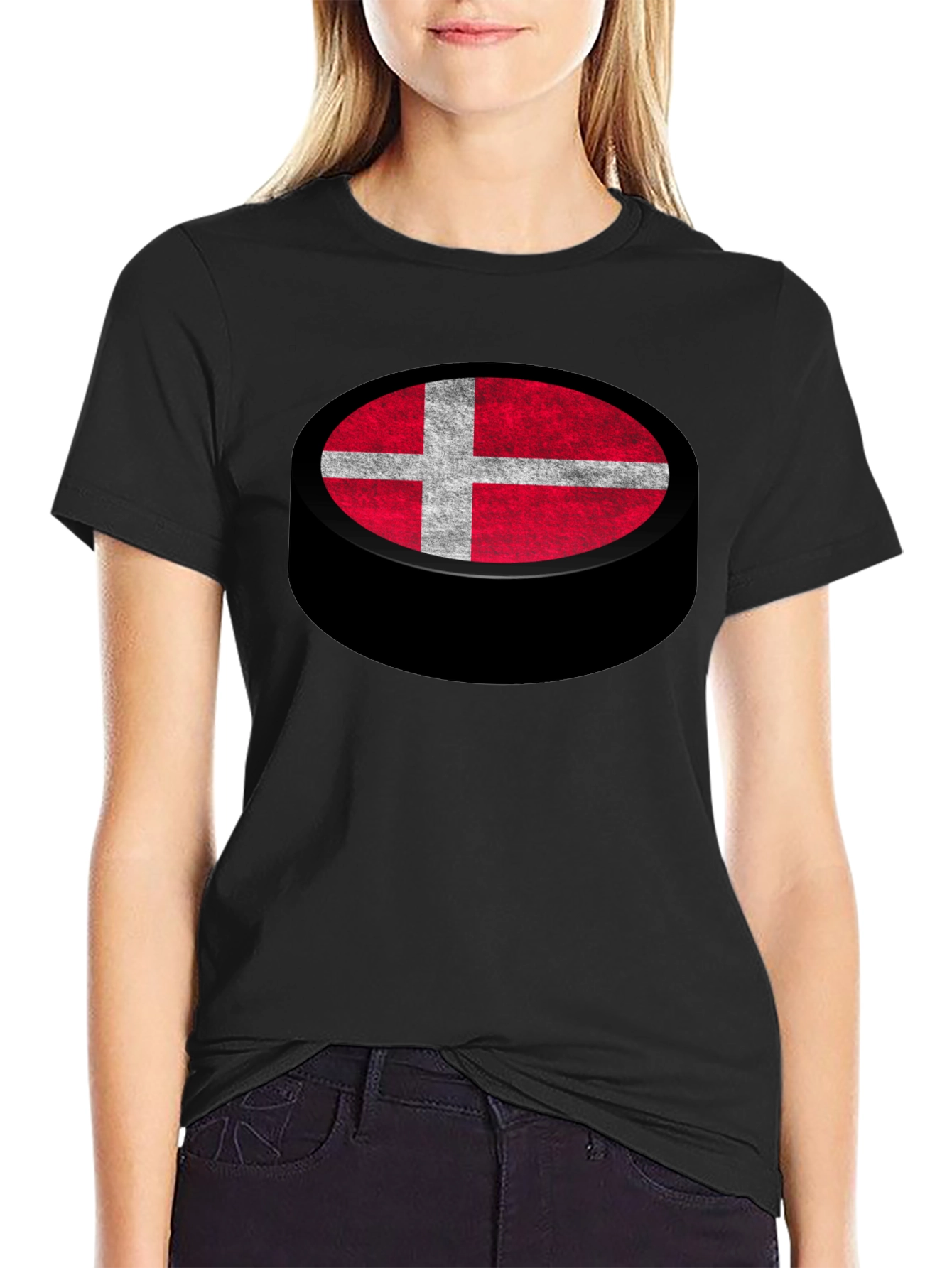 Denmark Flag Hockey Puck Graphic T-Shirt