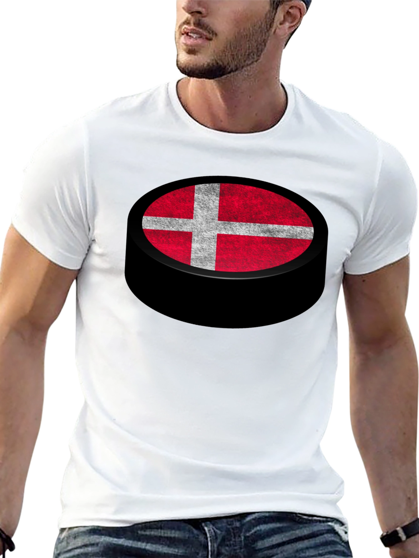 Denmark Flag Hockey Puck Graphic T-Shirt