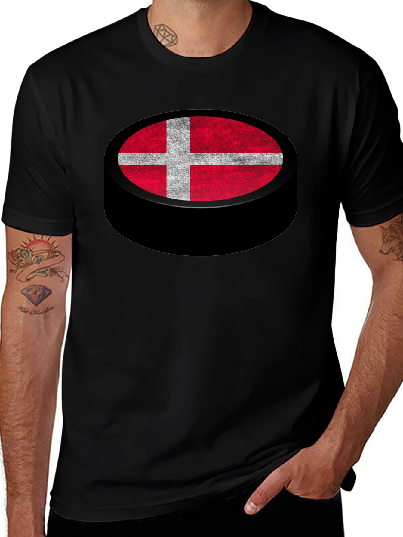 Denmark Flag Hockey Puck Graphic T-Shirt