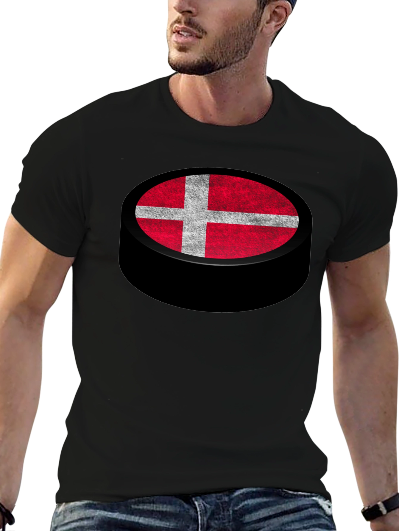 Denmark Flag Hockey Puck Graphic T-Shirt