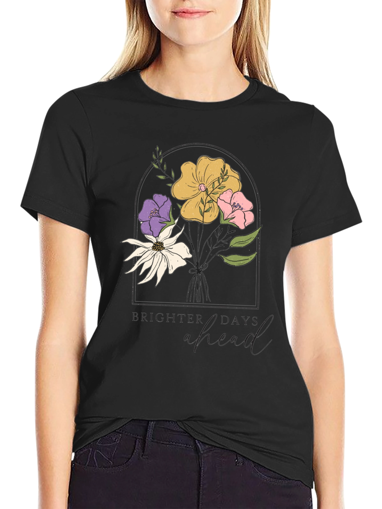 Floral Brighter Days Ahead Black T-Shirt