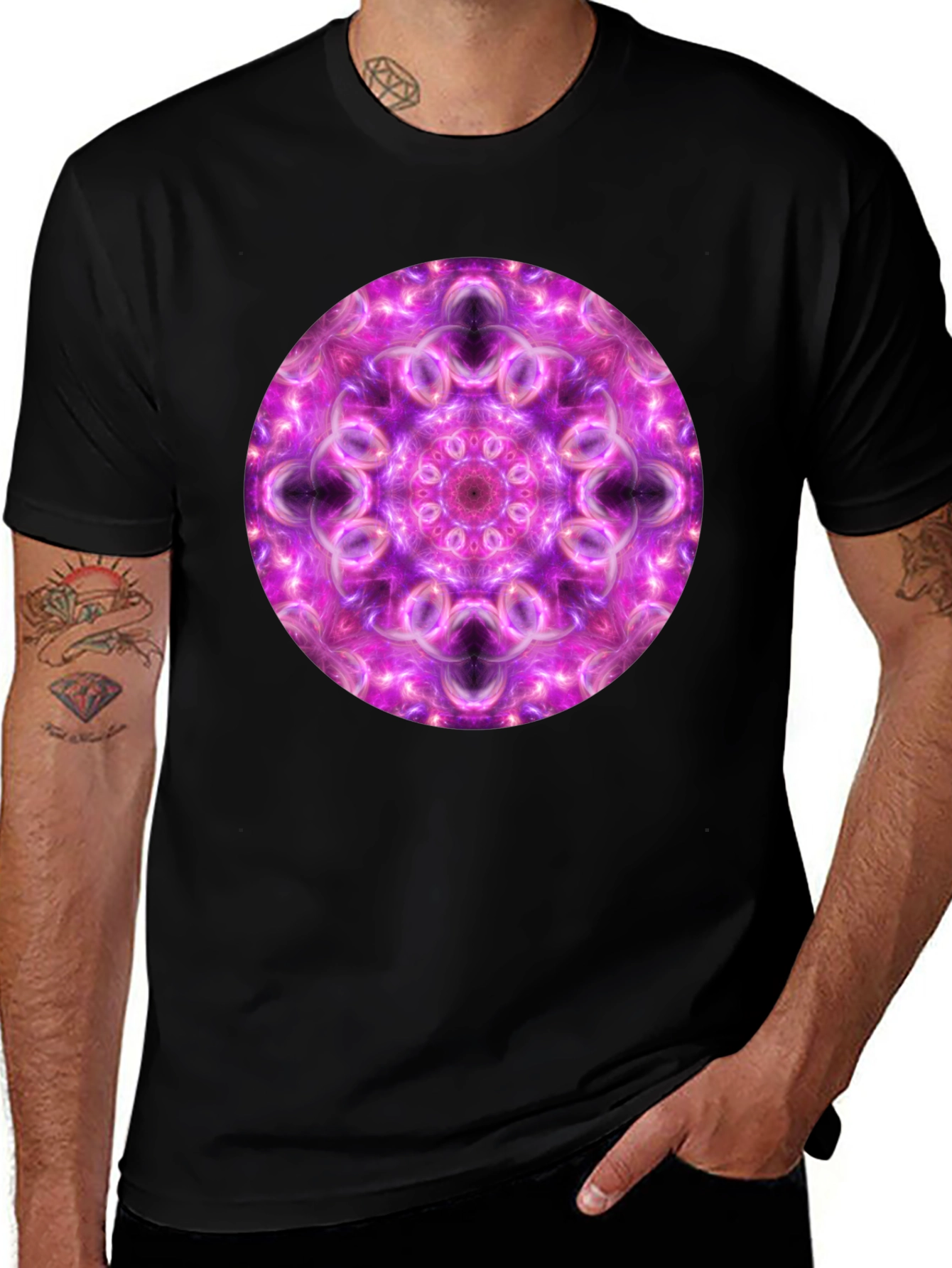 Black T-Shirt with Purple Mandala Design