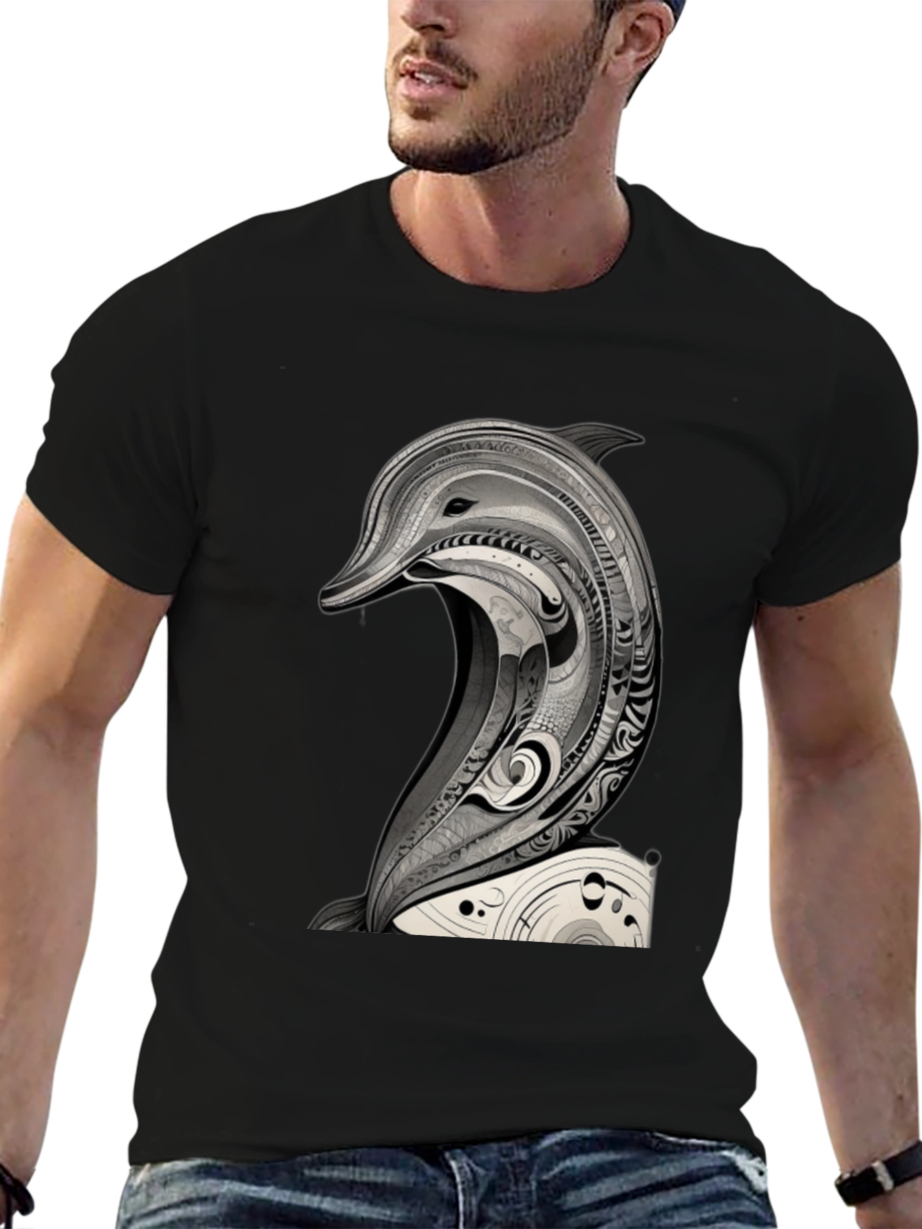 Black T-Shirt with Dolphin Art Graphic Tee