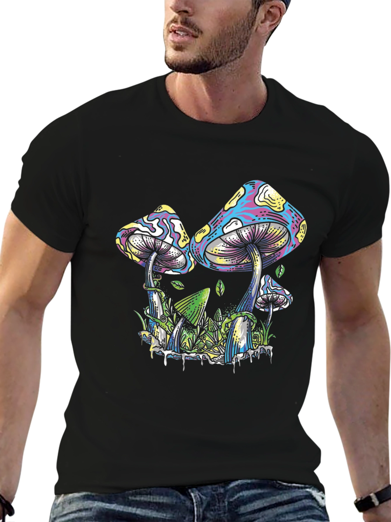 Psychedelic Mushroom Graphic Tee - Black Cotton T-Shirt